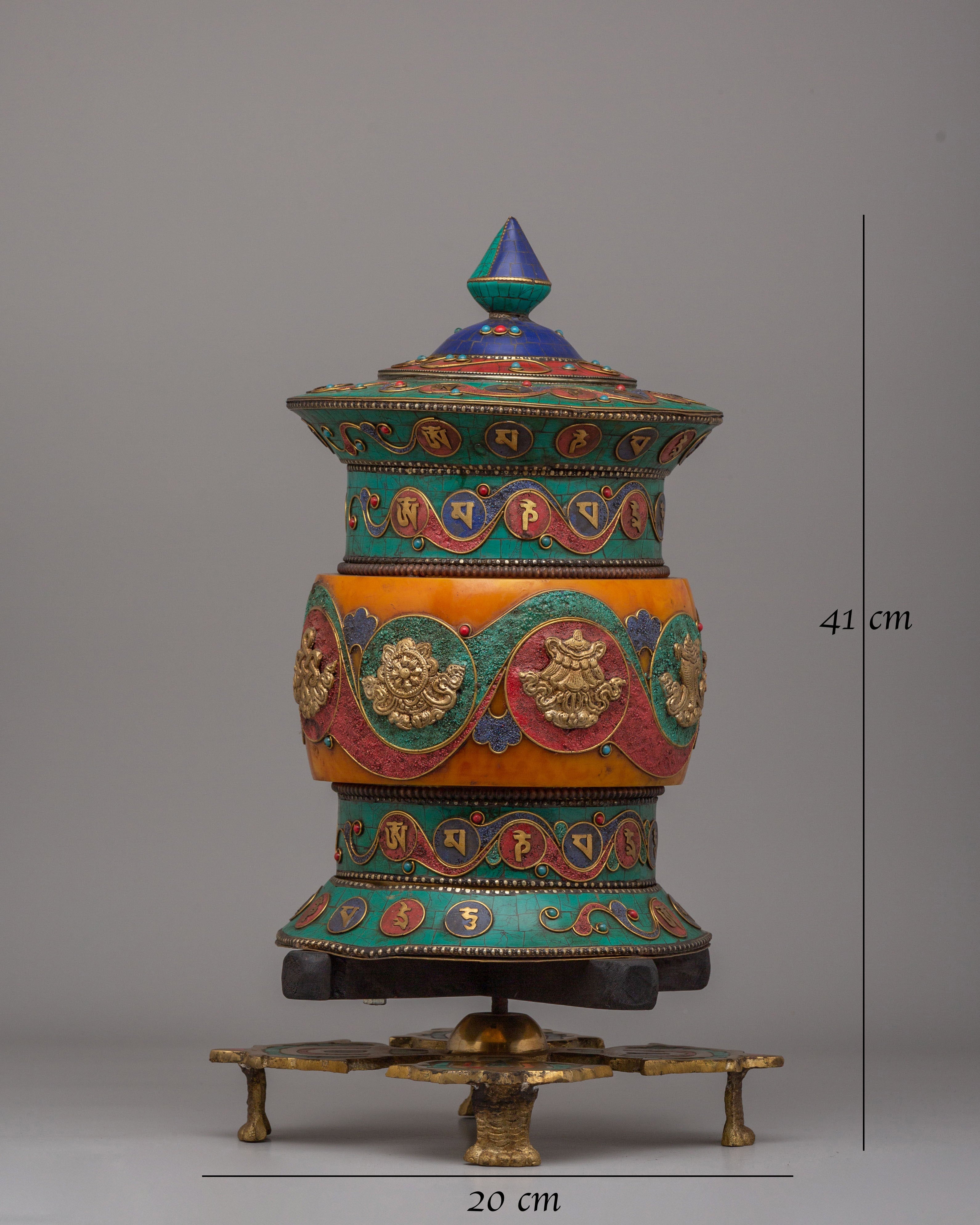 Auspicious Symbol Prayer Wheel | Handcrafted Tibetan Buddhist Ritual Object