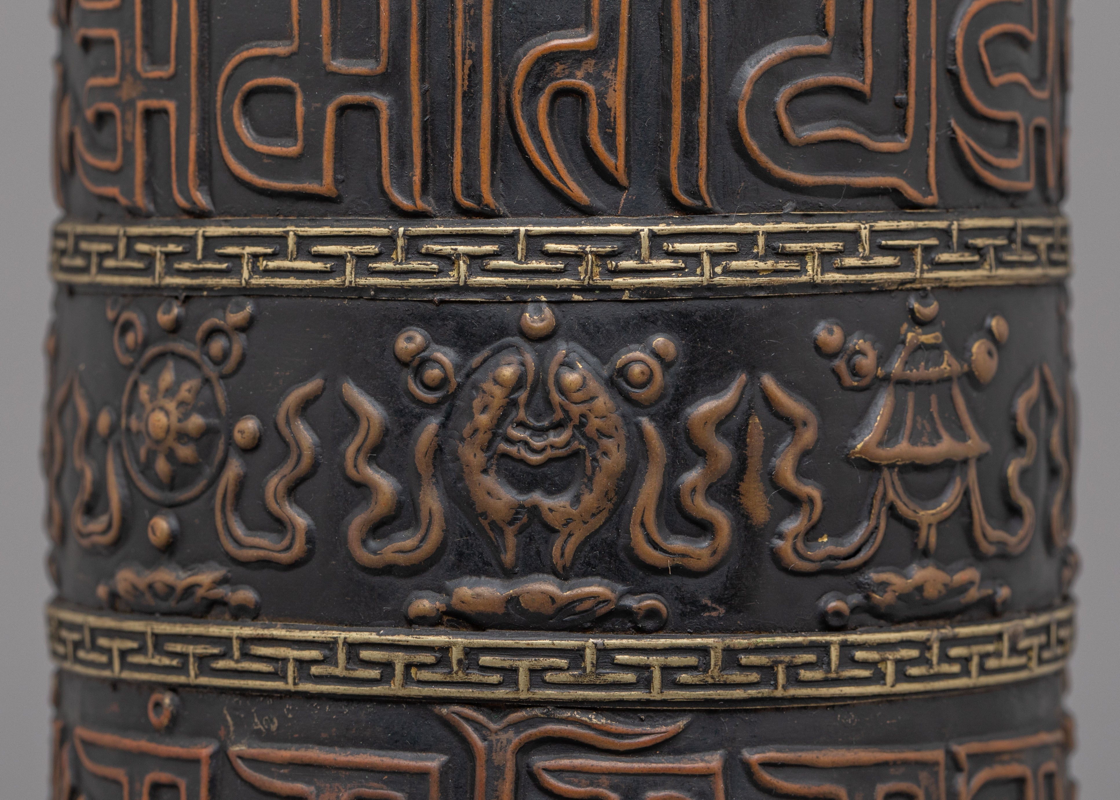 Decorative Tibetan Prayer Wheel with Base | Handcrafted Copper and Wooden Decor