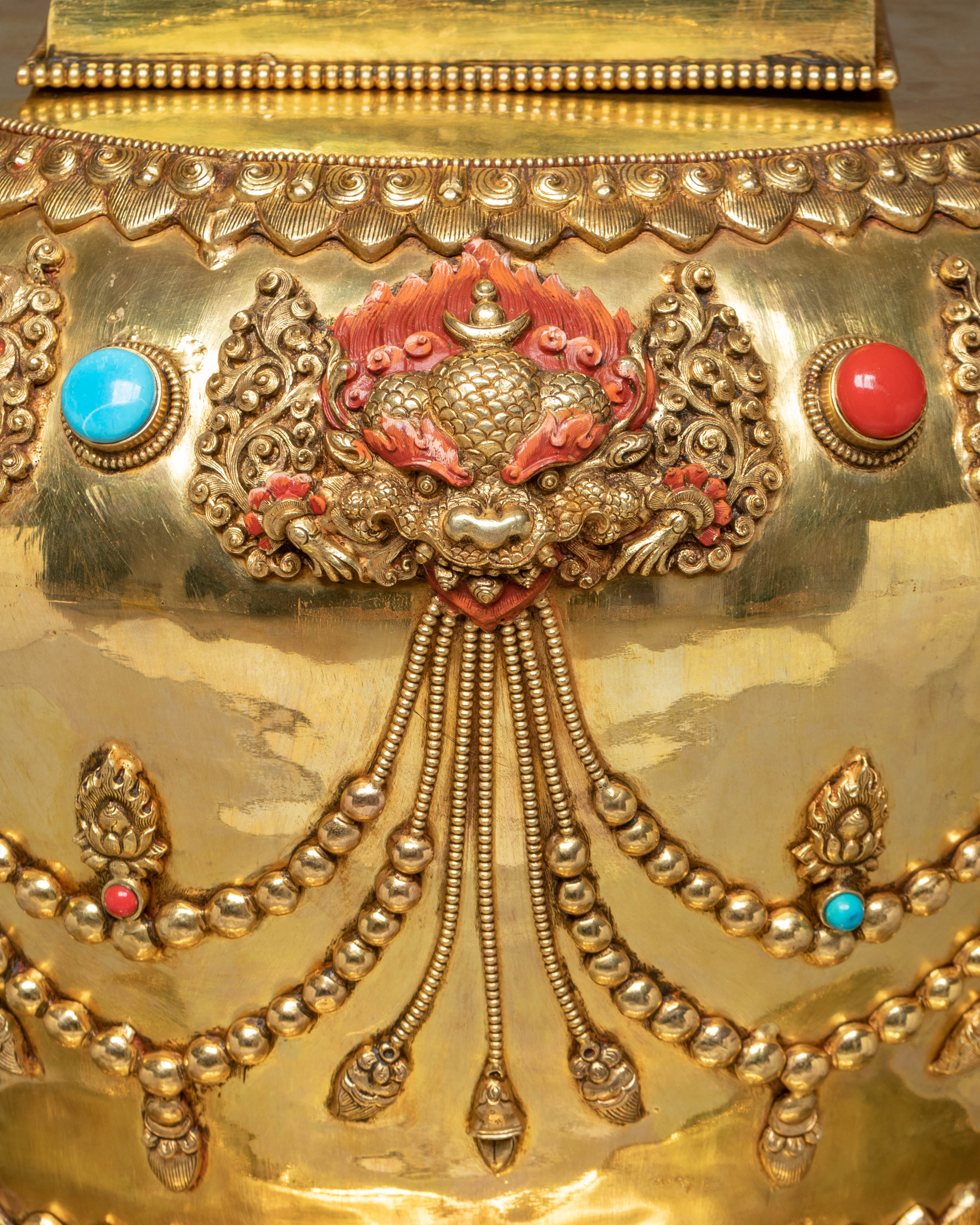 Buddhist Handcrafted Sacred Stupa | Gold-Plated Copper with Coral & Turquoise