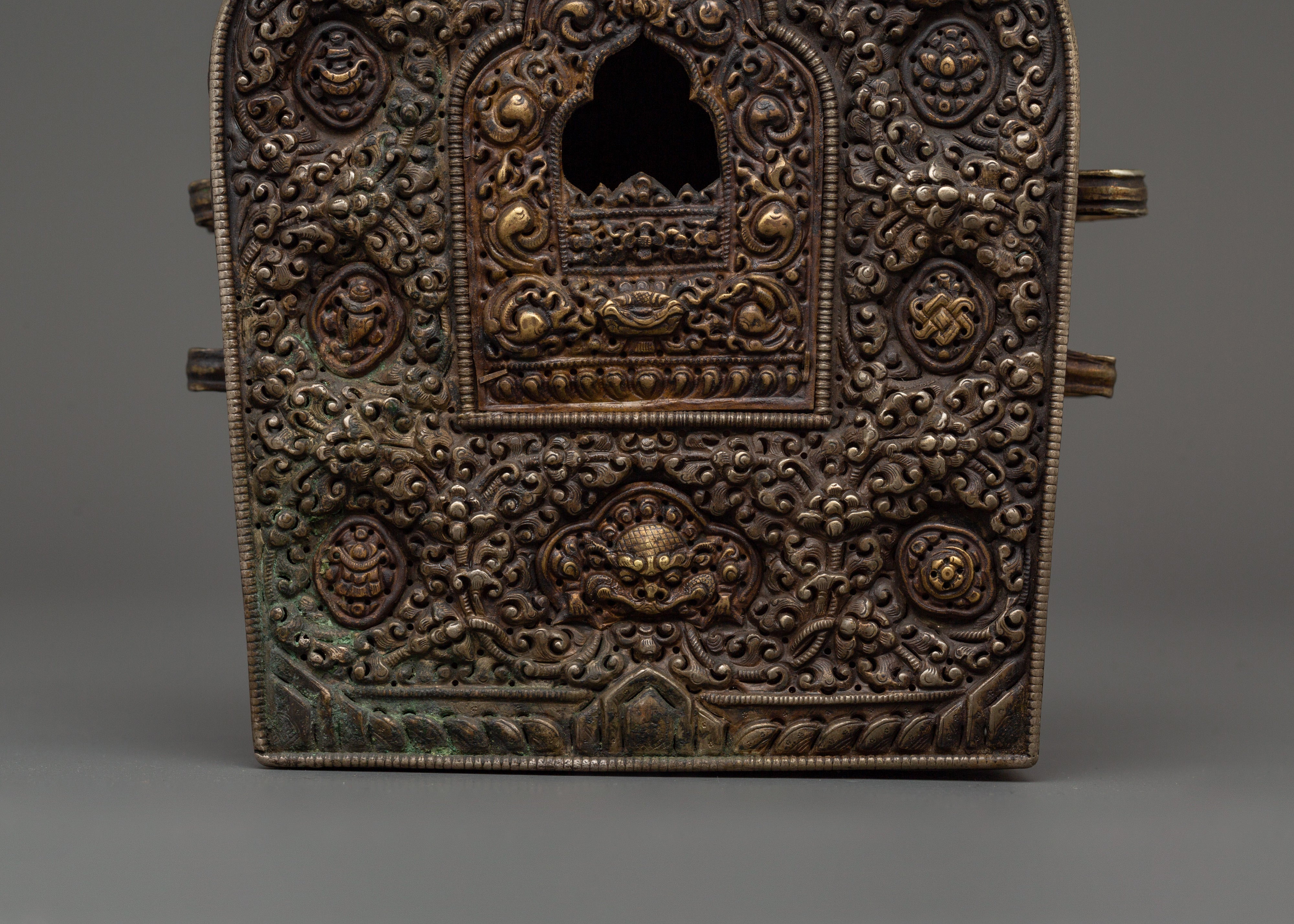 Handcrafted Tibetan Ghau Prayer Box | Brass, Silver & Copper Shrine with 8 Auspicious Symbols