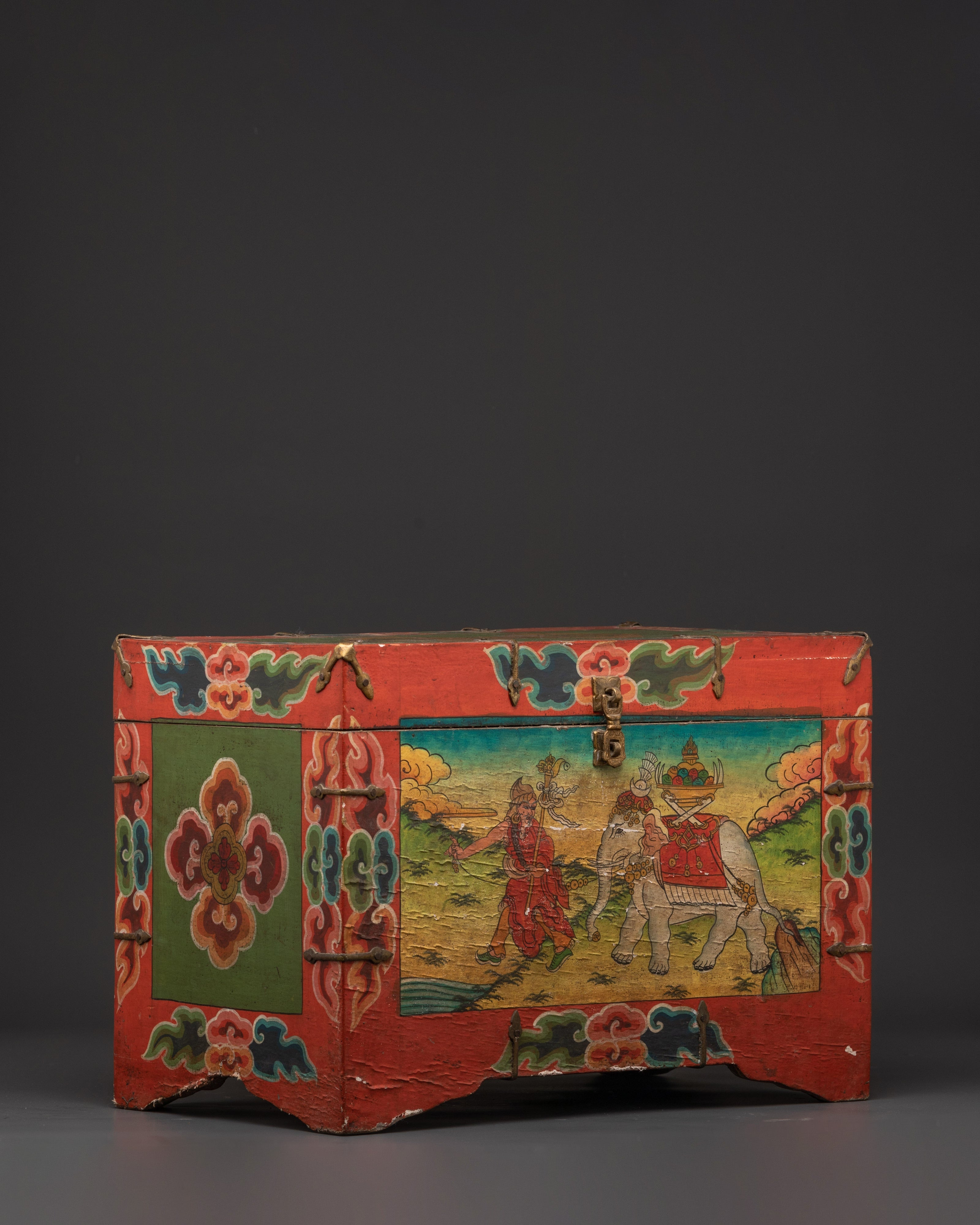 Tibetan Wooden Ritual Box | Hand-Painted Sacred Storage Chest