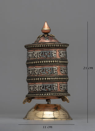 Traditional Tabletop Tibetan Prayer Wheel | Mani with Mantra, Copper & Brass Design