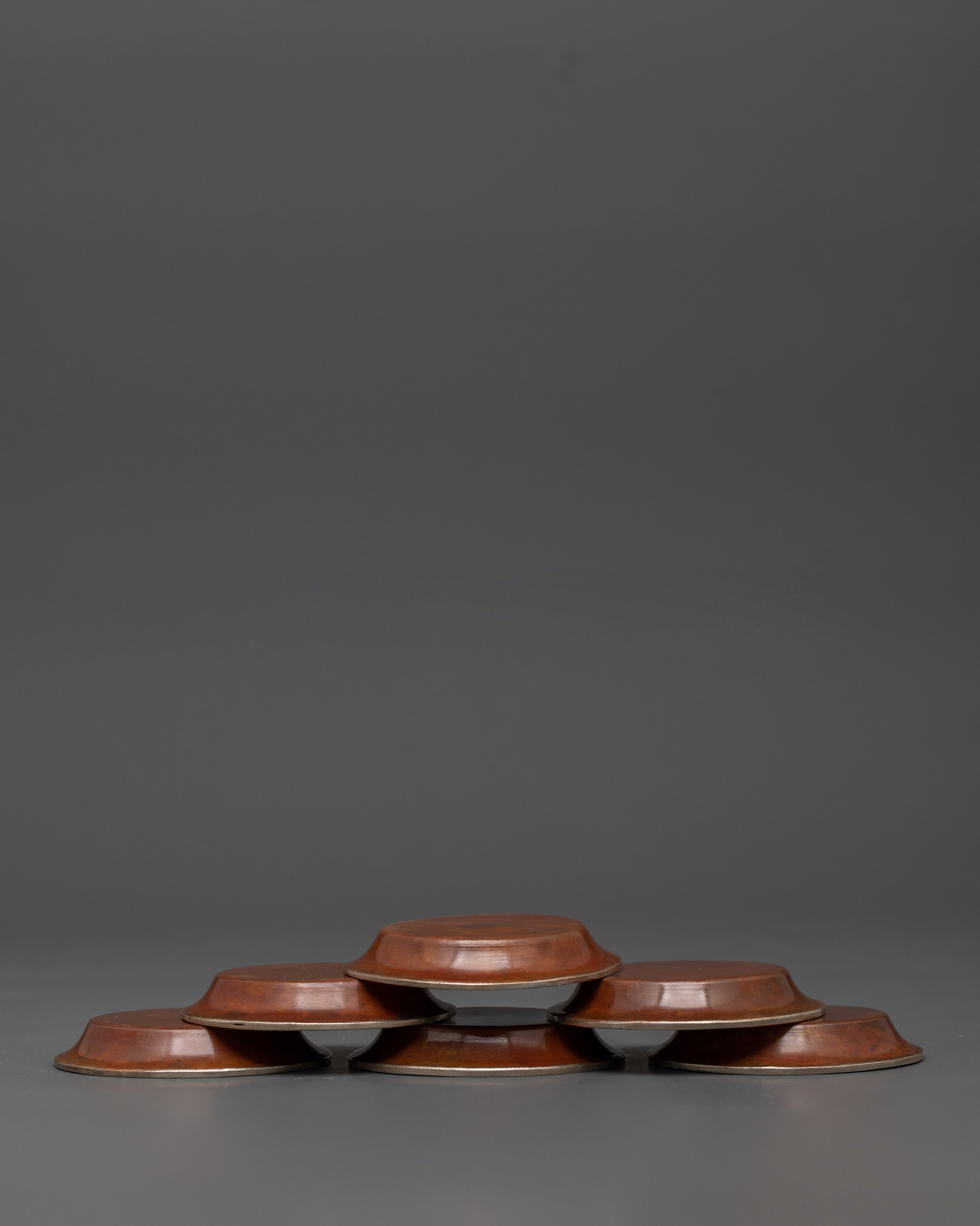 Spiritual Tibetan Water Offering Set | Oxidized Copper Ritual Bowls with Silver-Plated Brass Lining