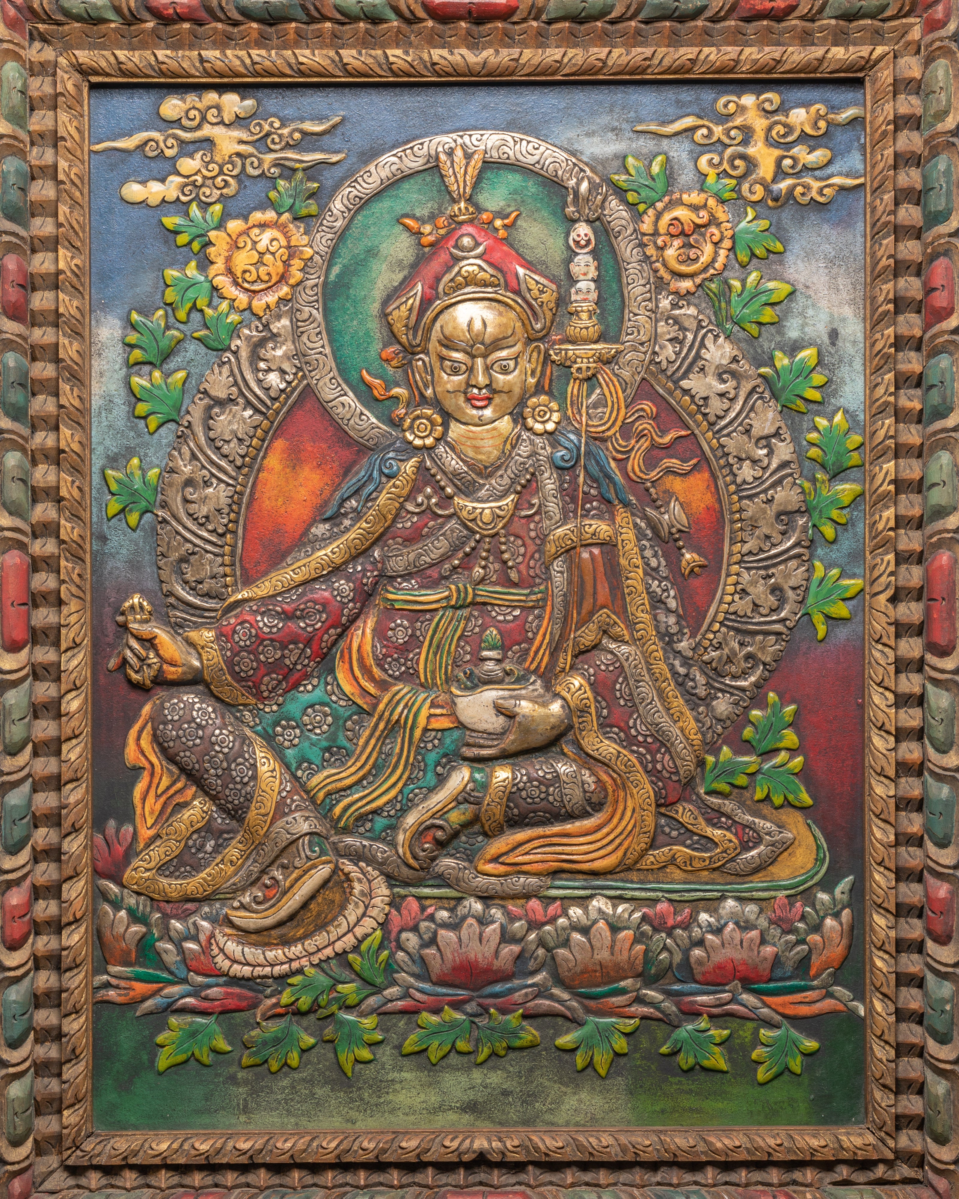 Wooden Frame Guru Rinpoche Wall Hanging | Symbol of Blessings and Protection