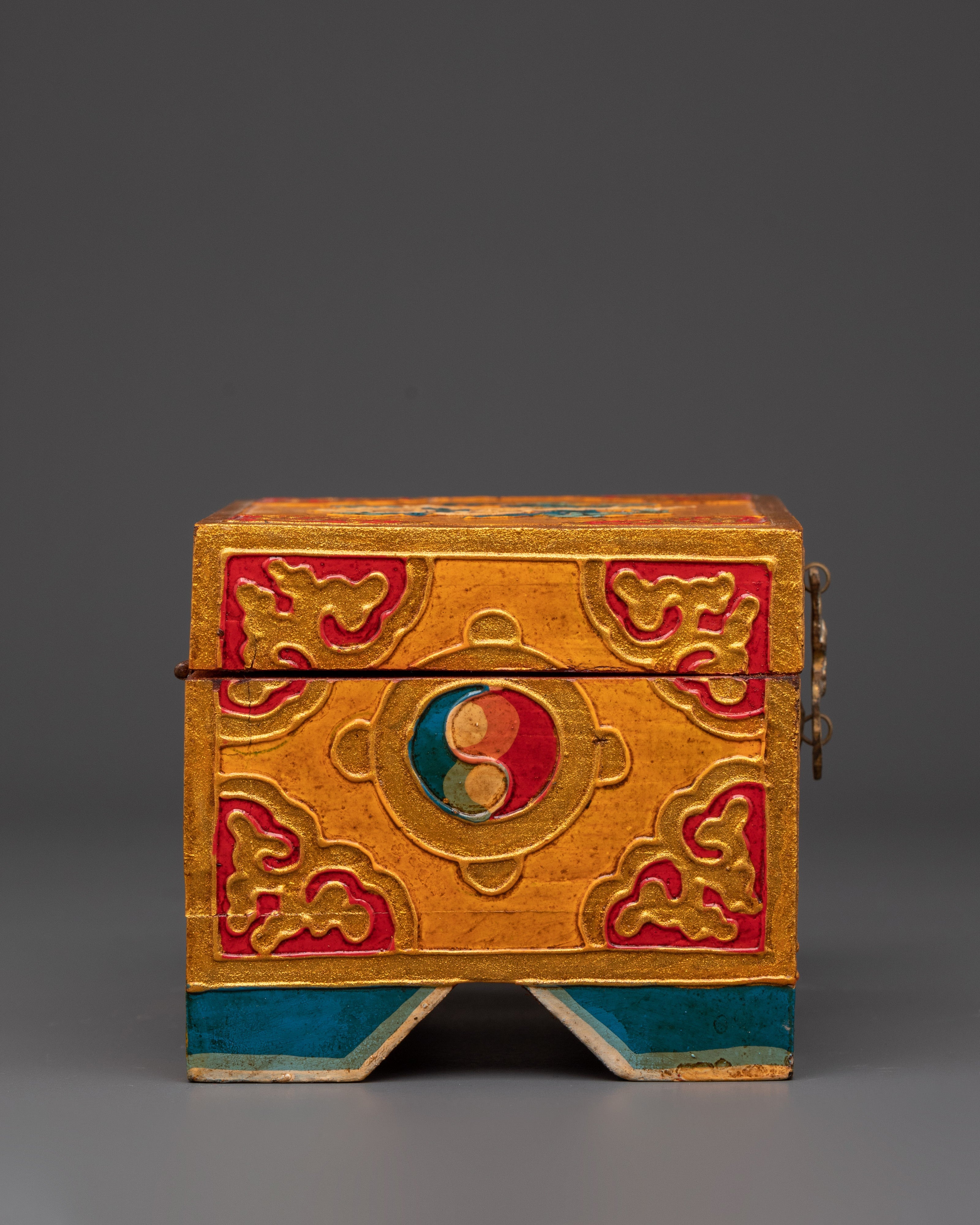 Hand Painted Tibetan Treasure Box | Yellow Red Wood Chest with Cloud Motifs