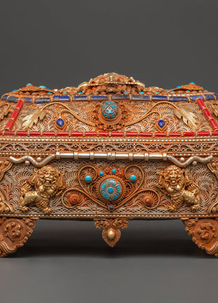 Gold-Plated Copper Tibetan Treasure Box | Coral & Turquoise Stones Inlaid Handcrafted Box