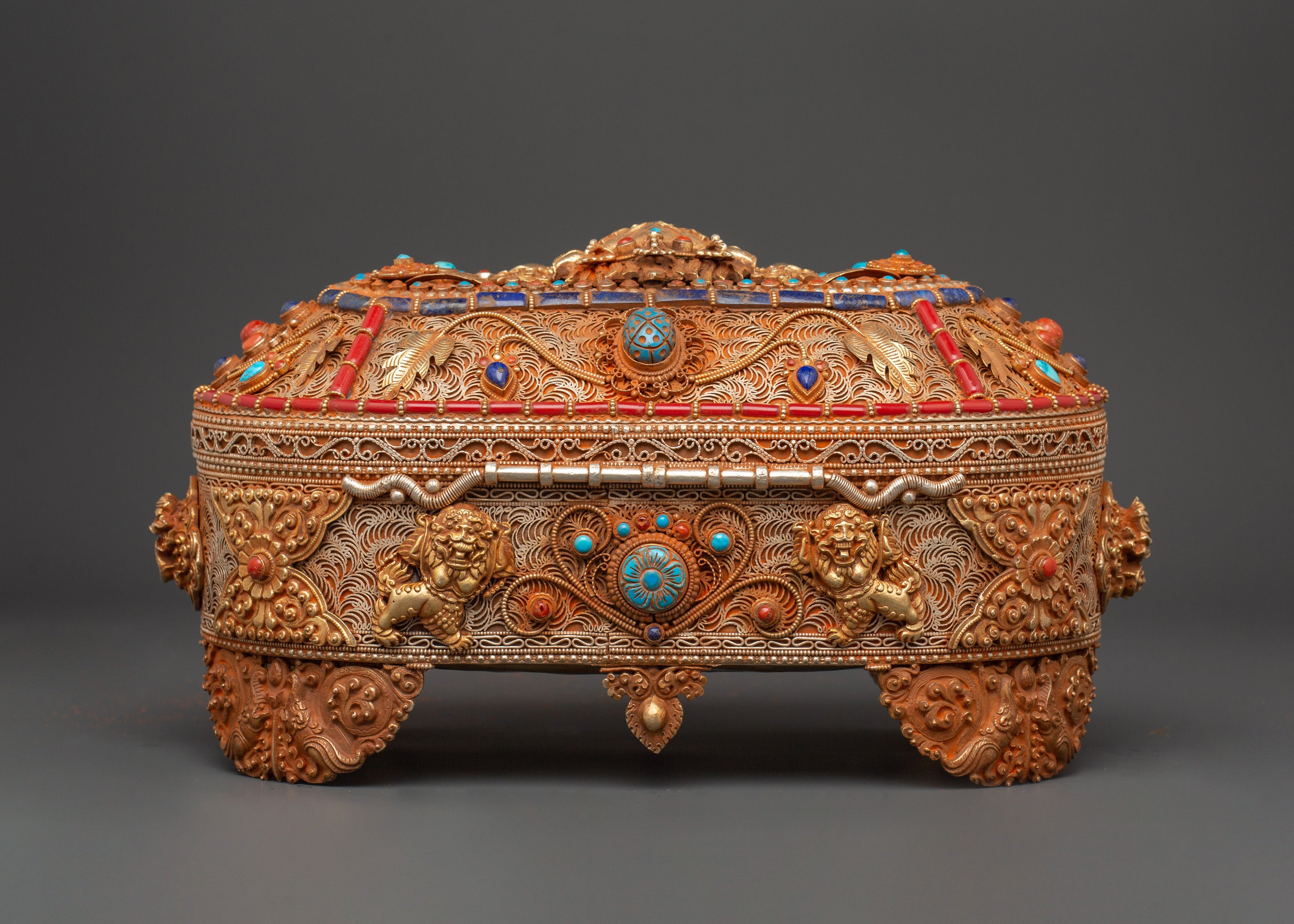 Gold-Plated Copper Tibetan Treasure Box | Coral & Turquoise Stones Inlaid Handcrafted Box