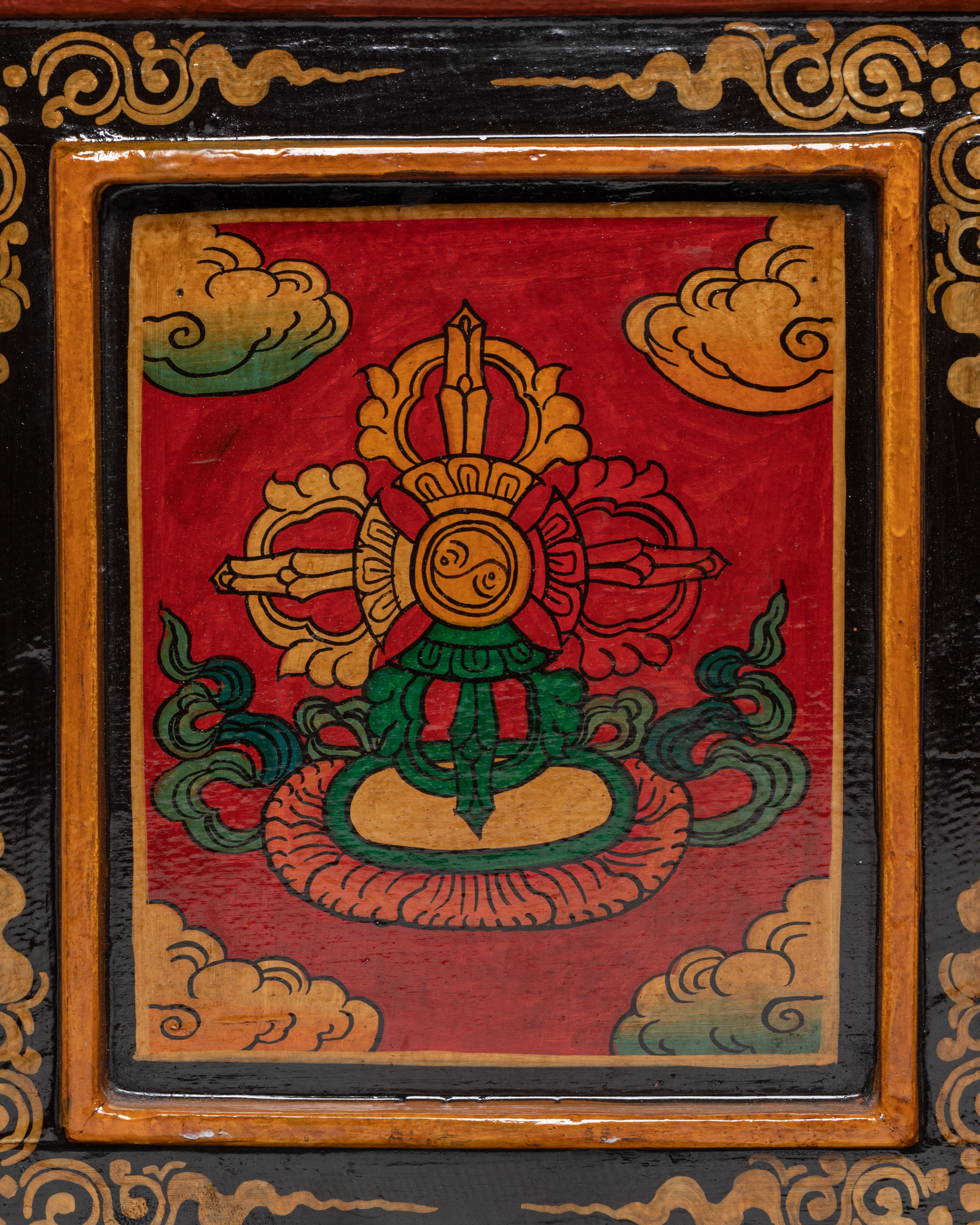 Hand-Carved Tibetan Wooden Cabinet with Door | Sacred Symbols and Artisan Detailing