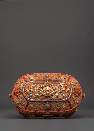 Gold-Plated Copper Tibetan Treasure Box | Coral & Turquoise Stones Inlaid Handcrafted Box