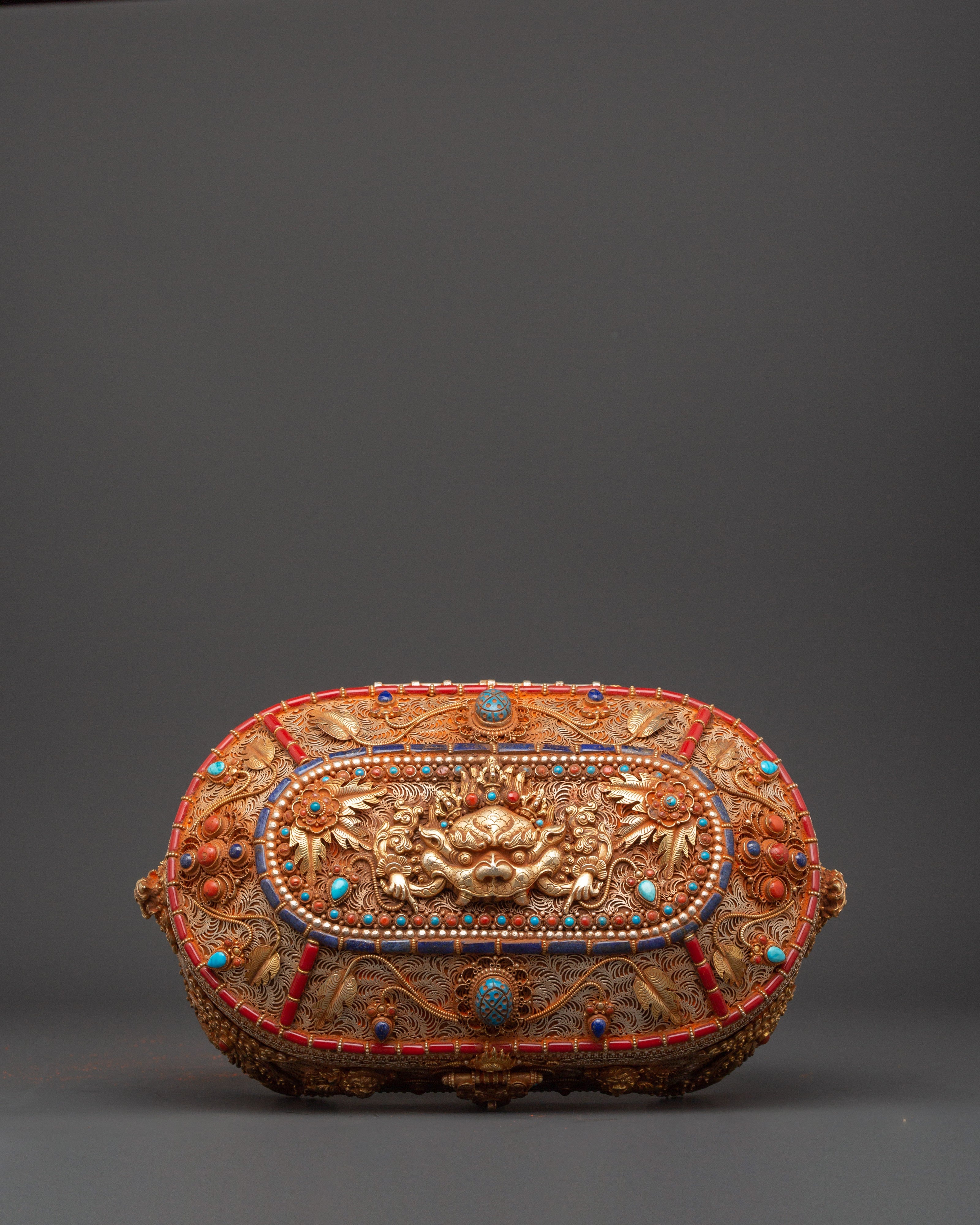 Gold-Plated Copper Tibetan Treasure Box | Coral & Turquoise Stones Inlaid Handcrafted Box