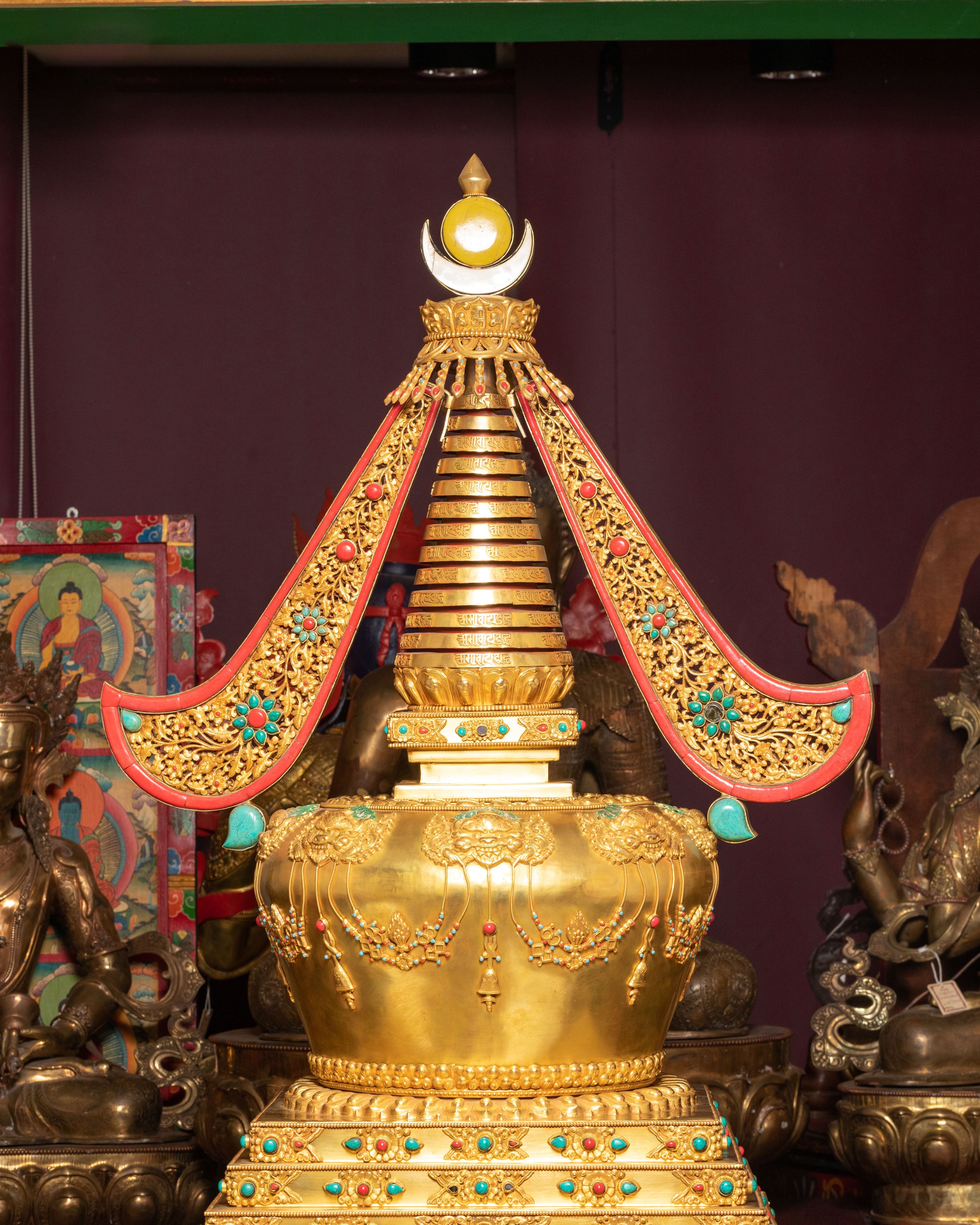 Sacred Buddhist Stupa for Altar | Gold-Plated Tibetan Stupa with Coral & Turquoise
