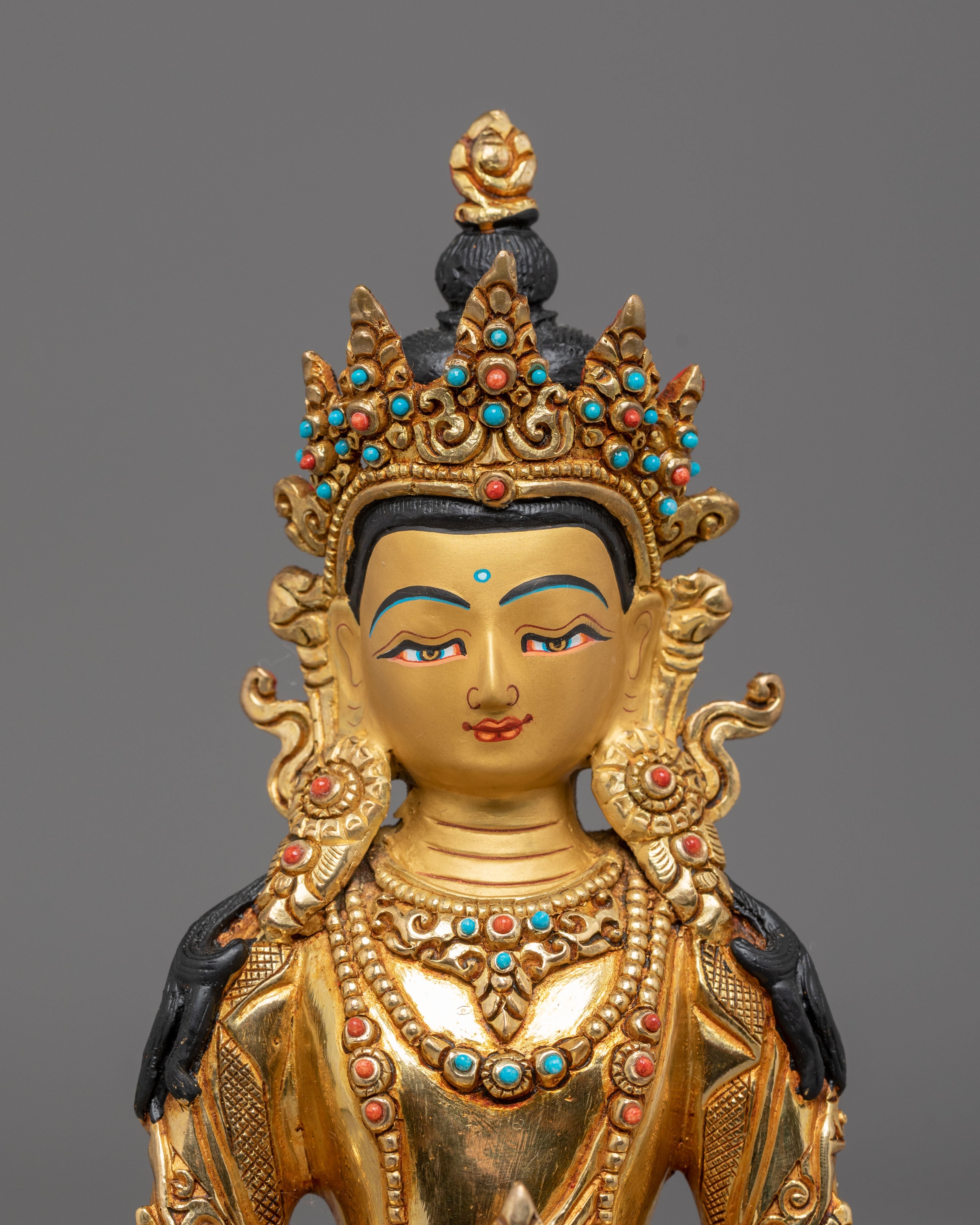Sacred Amitayus Buddha Statue | Gold Plated Sculpture with Coral & Turquoise