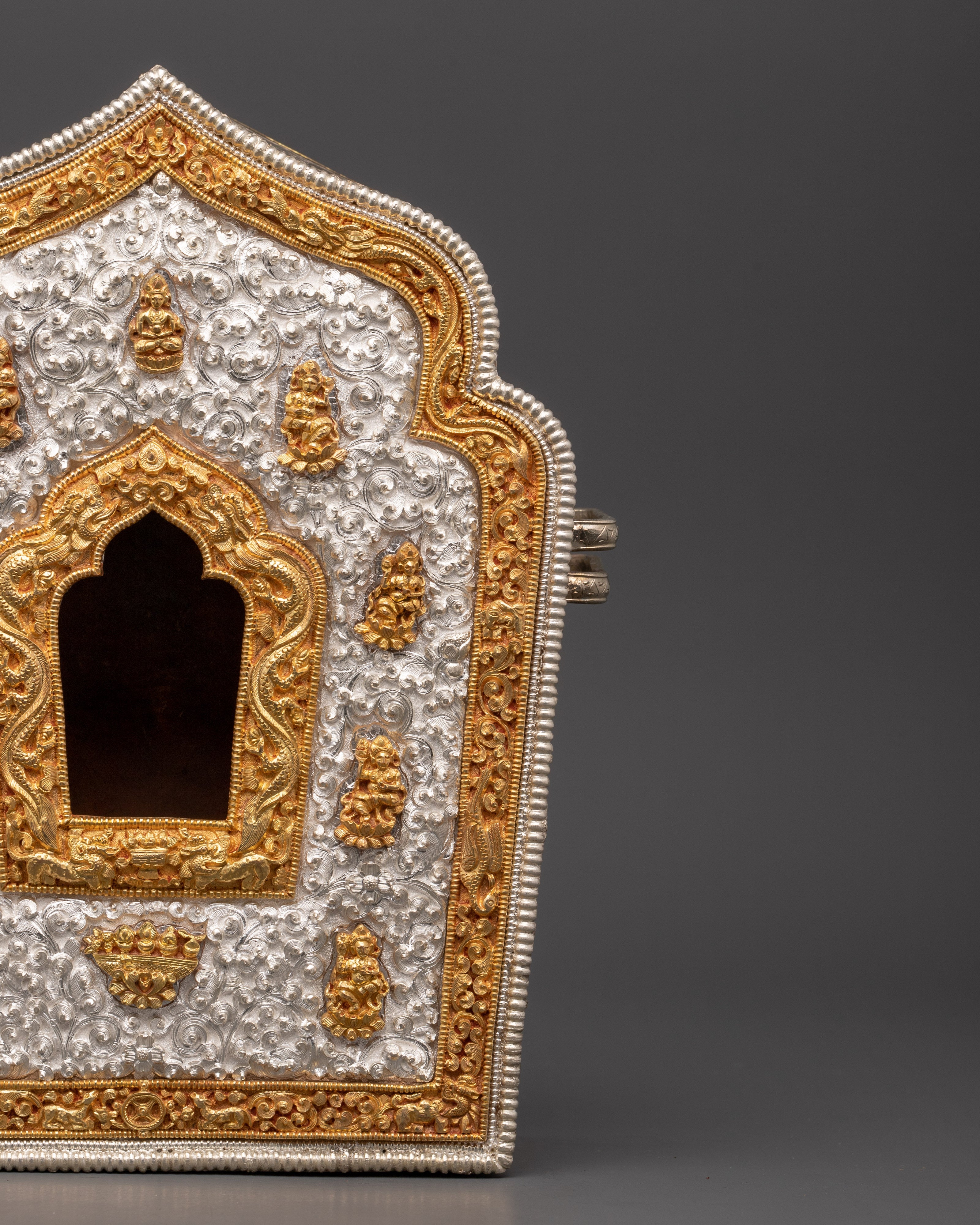 Buddhist Portable Ghau Box \ Gold &amp; Silver-Plated Copper Shrine Box