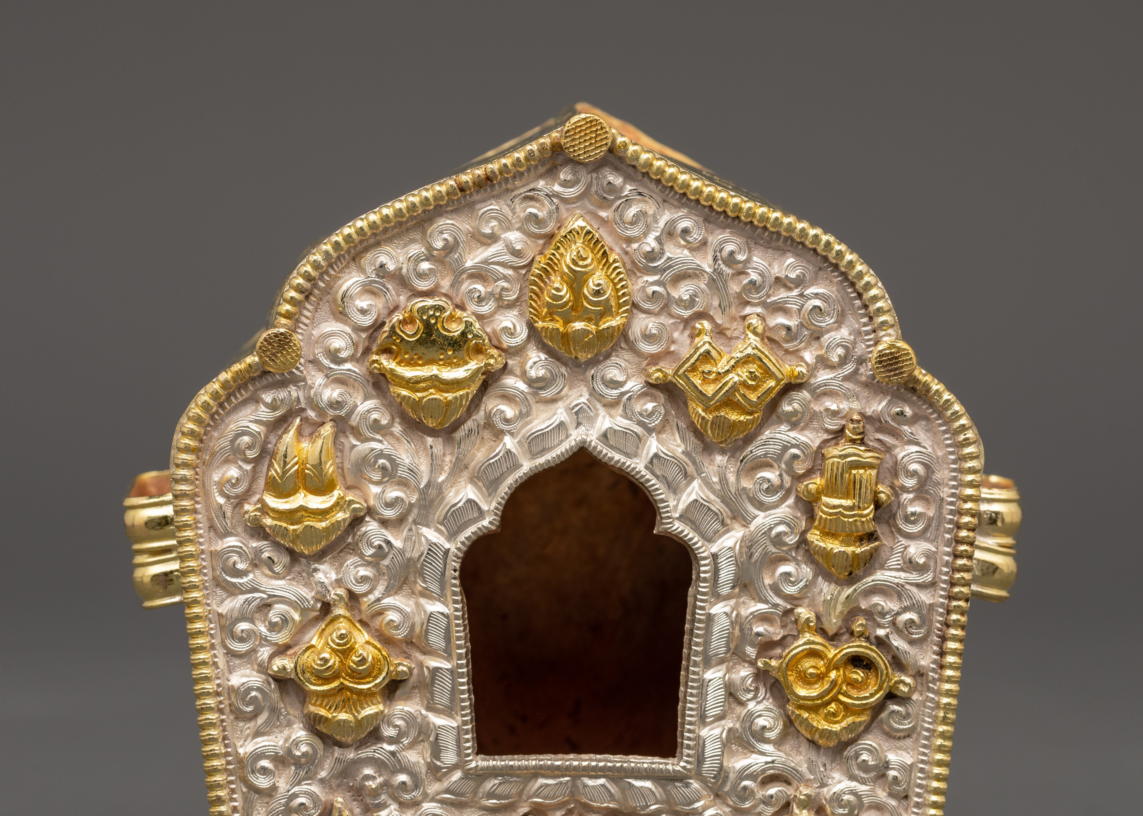 Sterling Silver Ghau Prayer Box with Gold Plating | Auspicious Symbols Carved
