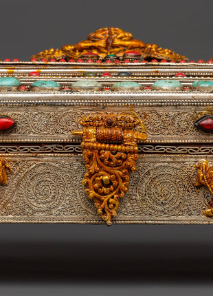 Buddhist Ritual Treasure Box | Silver & Gold Plated Sacred Altar Box