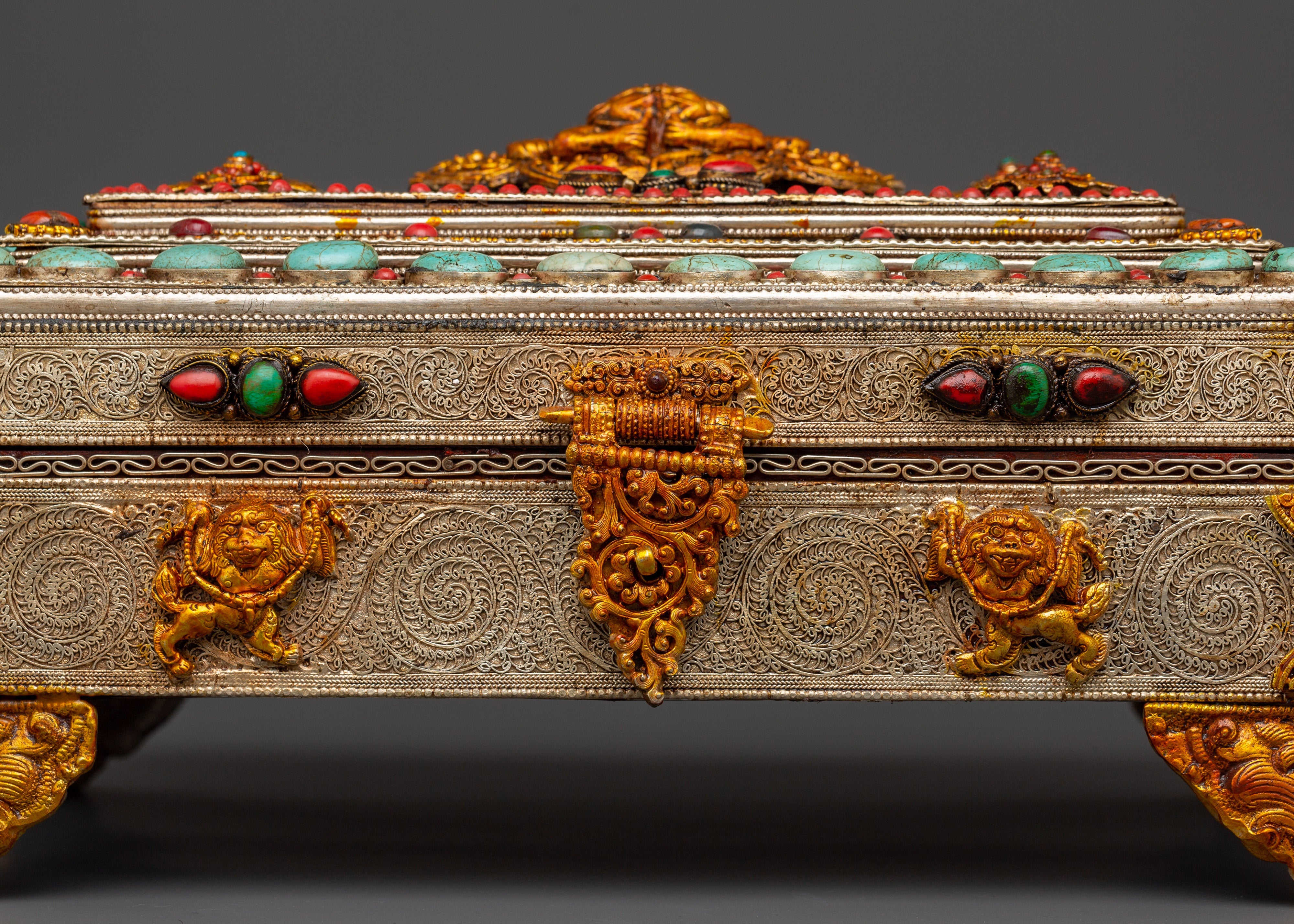 Buddhist Ritual Treasure Box | Silver & Gold Plated Sacred Altar Box