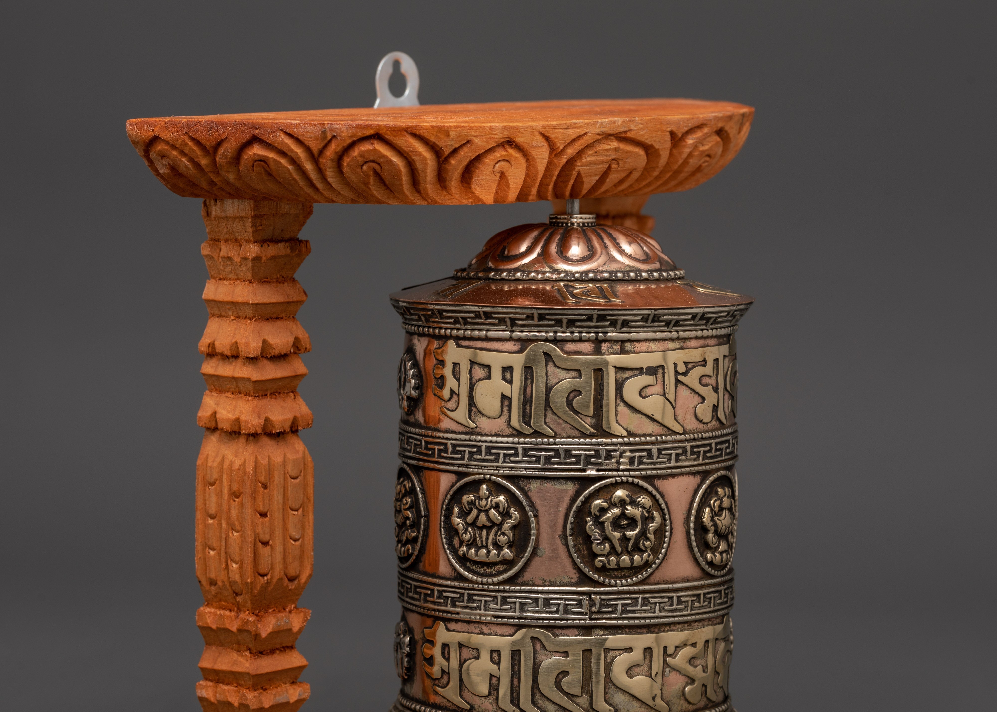 Large Copper & Brass Prayer Wheel | Sacred Wood Frame