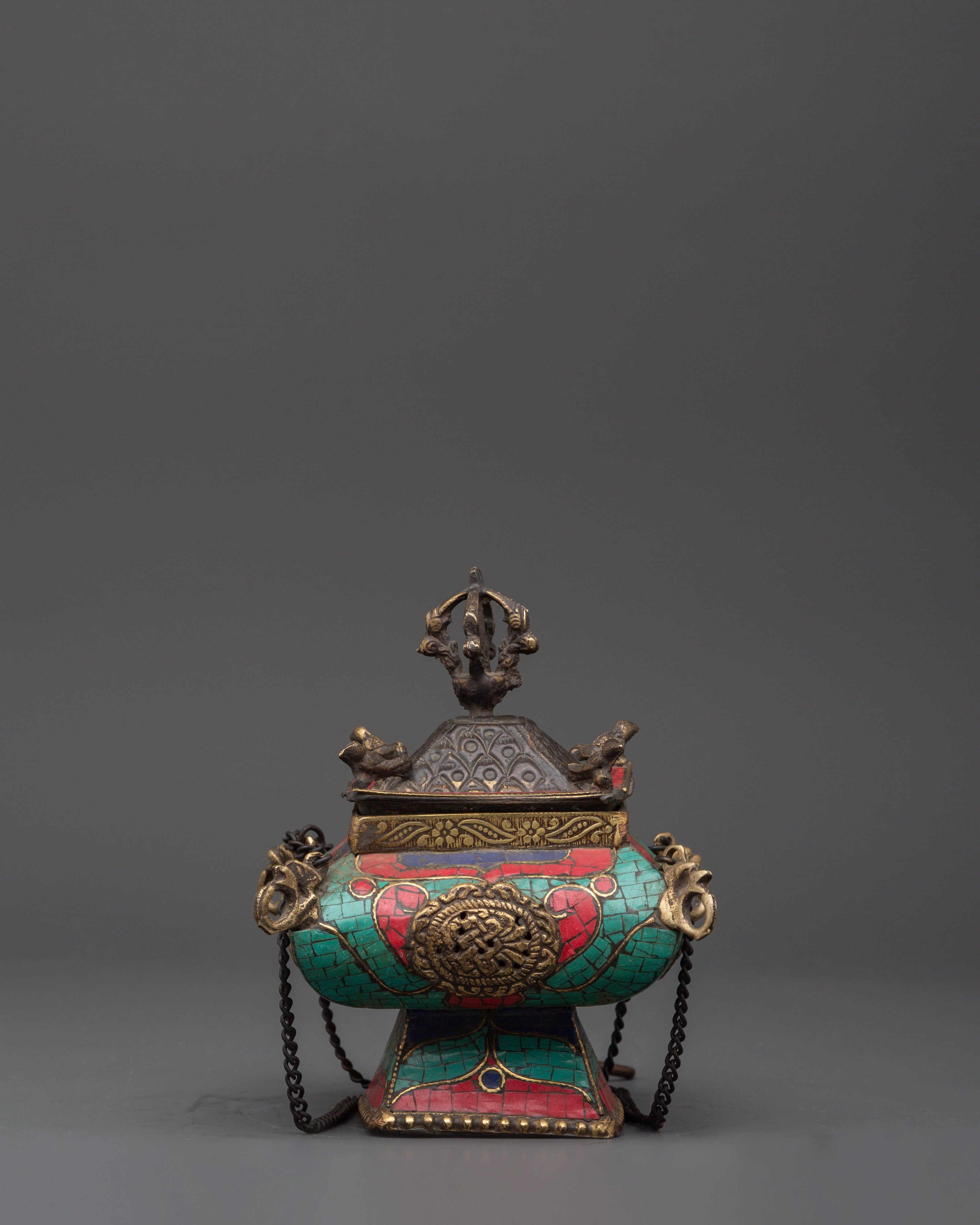 Copper Hanging Incense Burner with Turquoise & Coral Inlay | Ritual Incense Burner