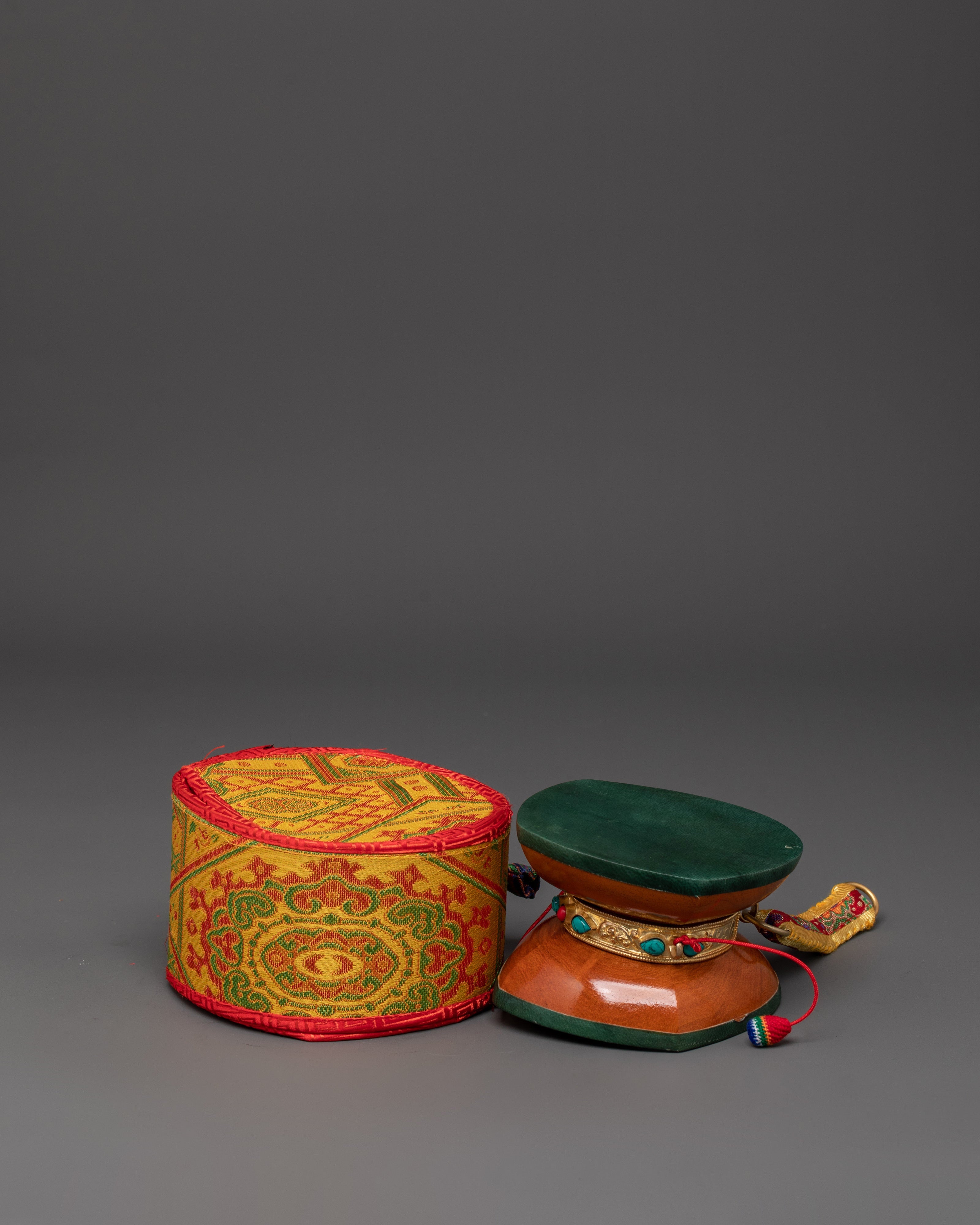 Tibetan Drum with Gold-Plated Copper | Tibetan Instrument for Sacred Rituals