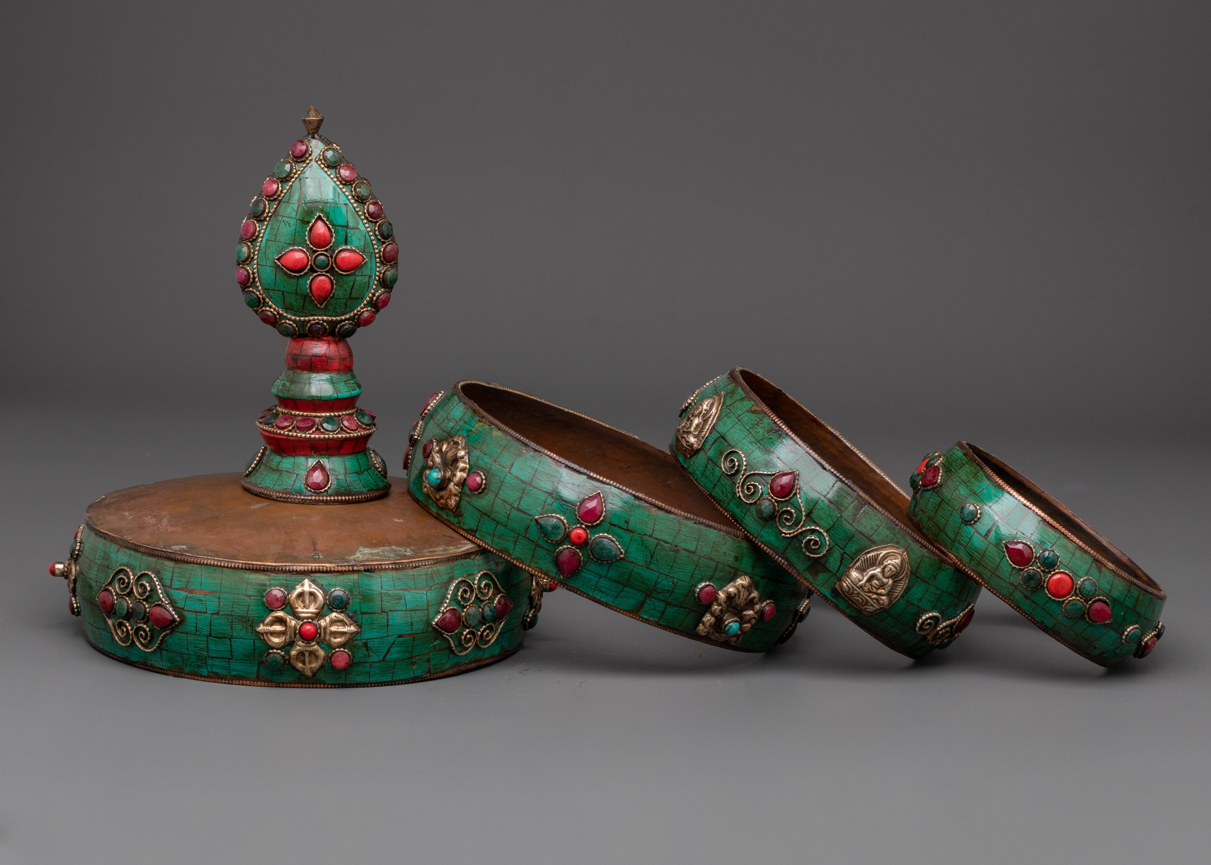 Handcrafted Buddhist Mandala Offering Set | Brass Ritual Set with Coral & Turquoise