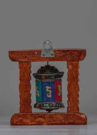 Compact Copper Prayer Wheel with Mantras and Stones | Vibrant Buddhist Devotional Tool
