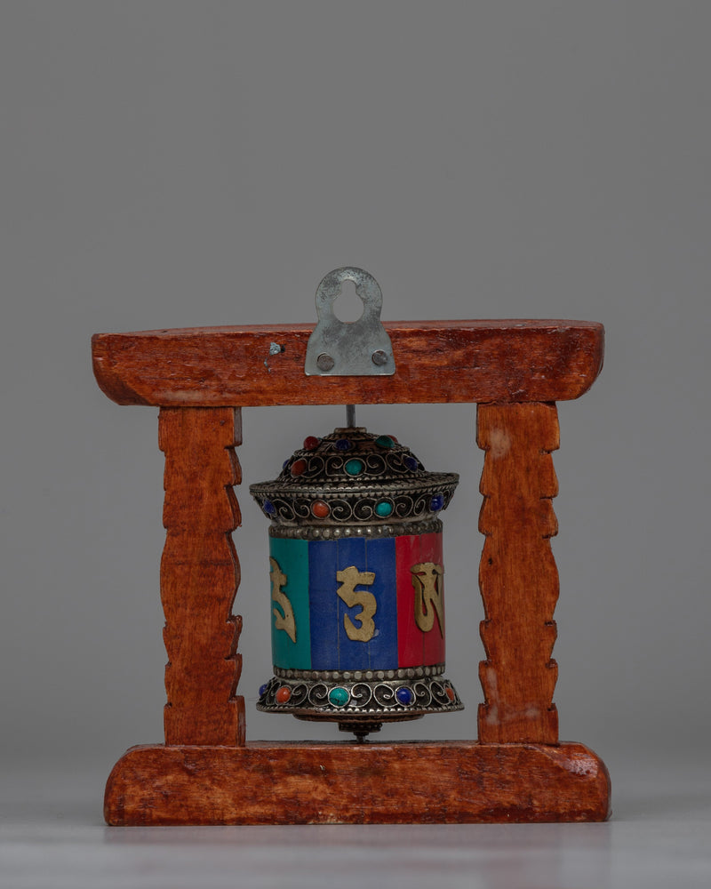 Compact Copper Prayer Wheel with Mantras and Stones | Vibrant Buddhist Devotional Tool