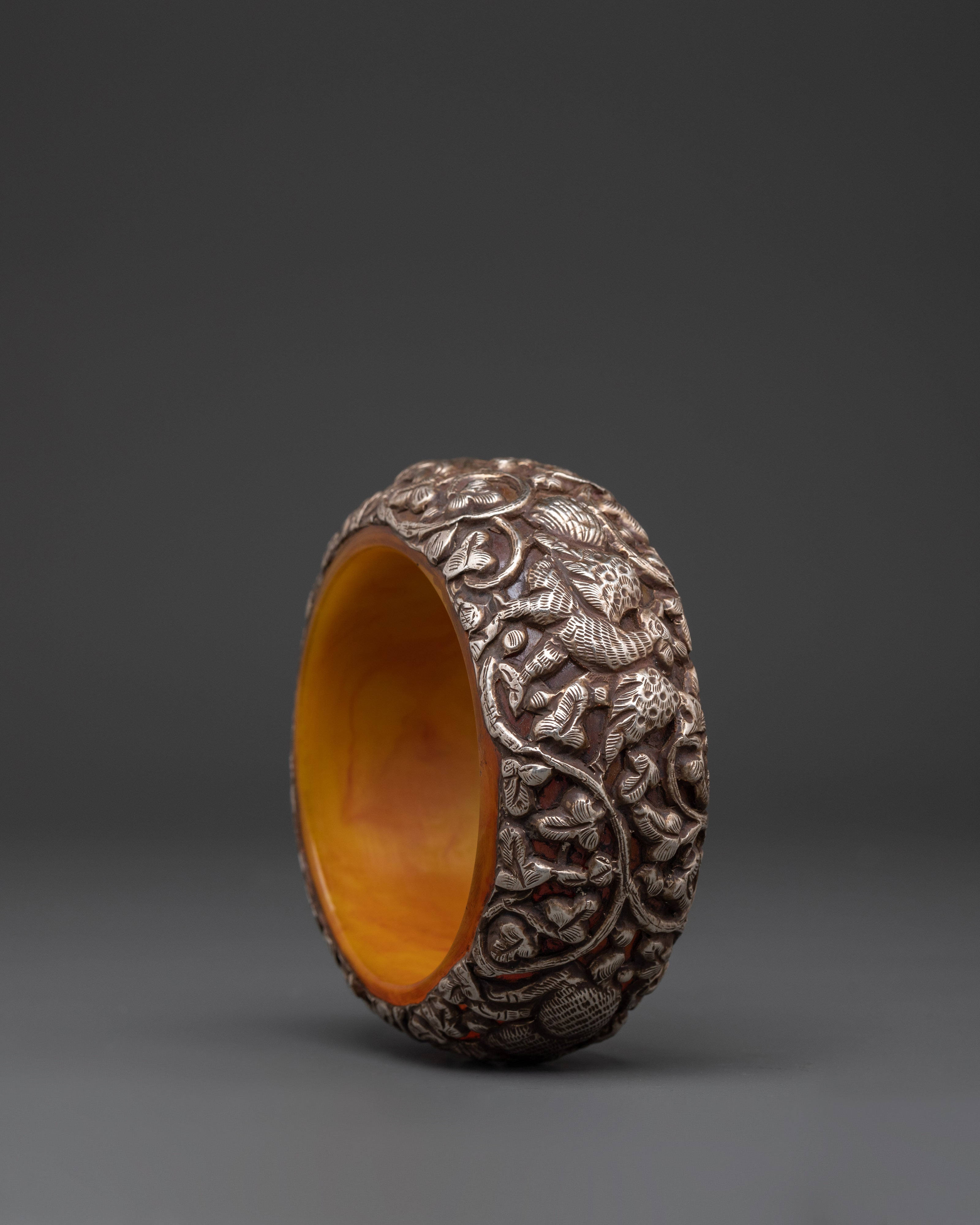 Tibetan Silver Plated Bangle | Carved Resin Jewelry