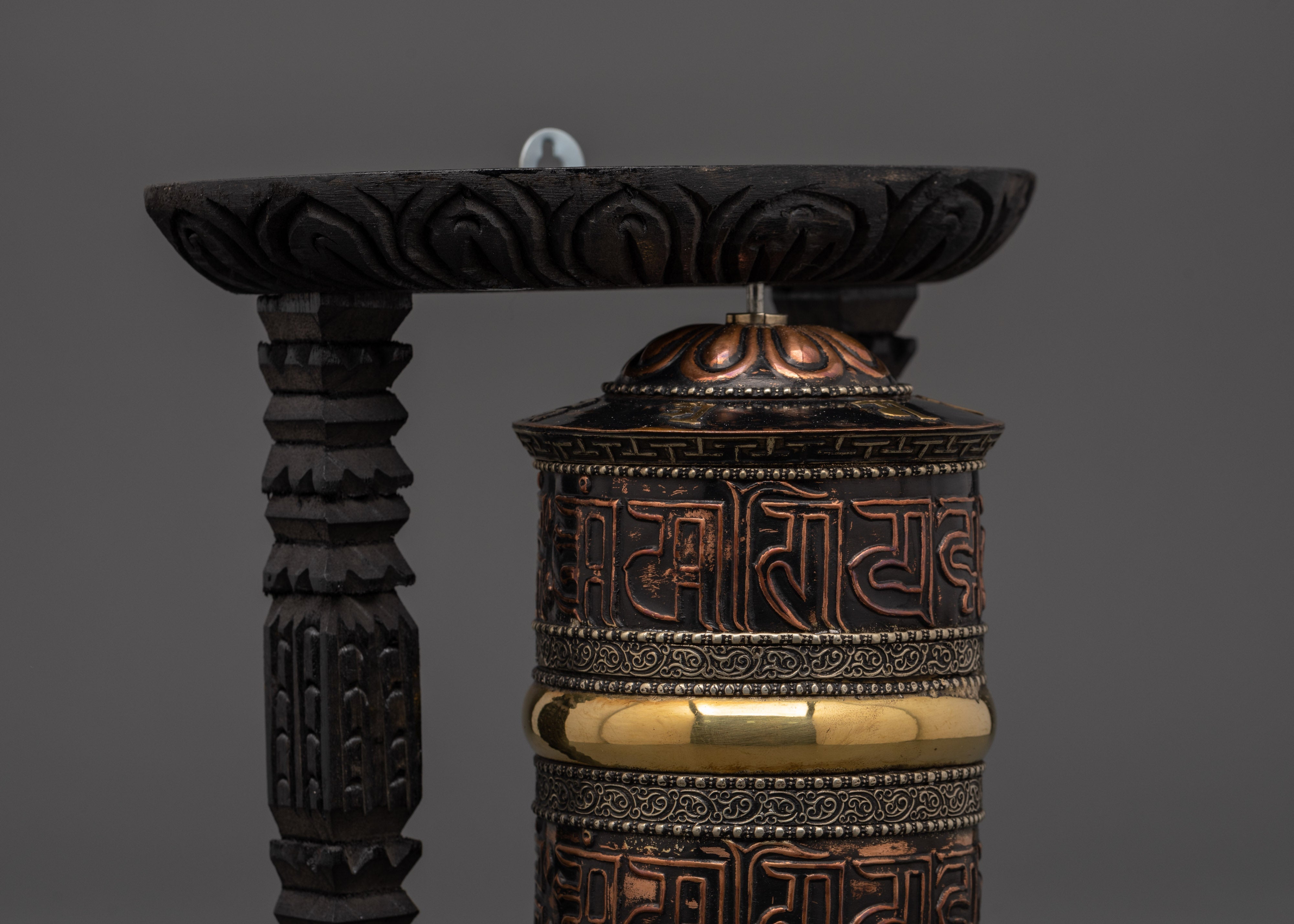 Sacred Wooden Framed Prayer Wheel | Copper and Brass Tibetan Mantra Wheel