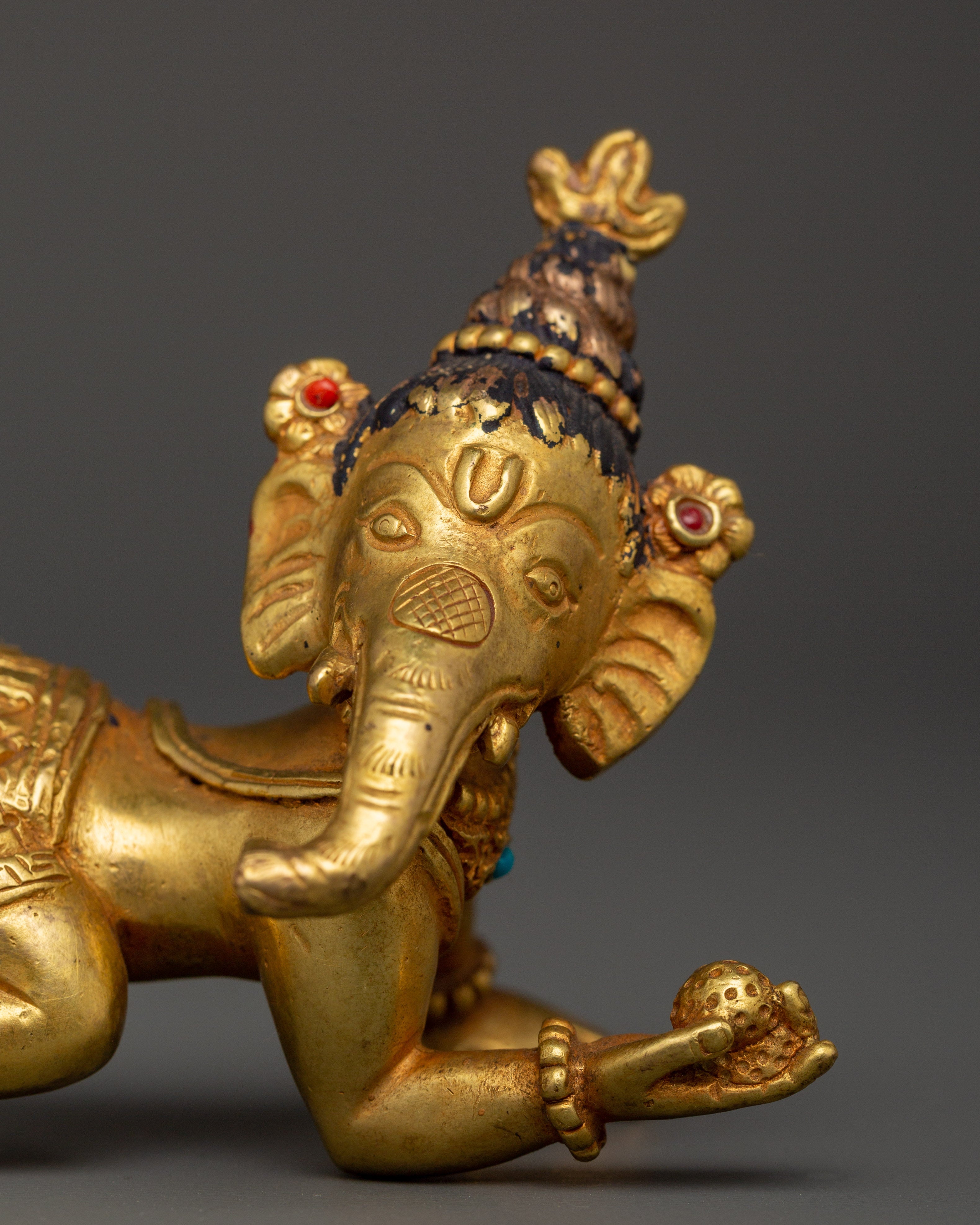 Ganesh Copper Gold-Plated Statue with Cora Stones | Hindu Ganesha Figurine