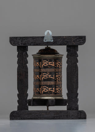 Handcrafted Tabletop Tibetan Prayer Wheel | Copper Body & Wooden Frame