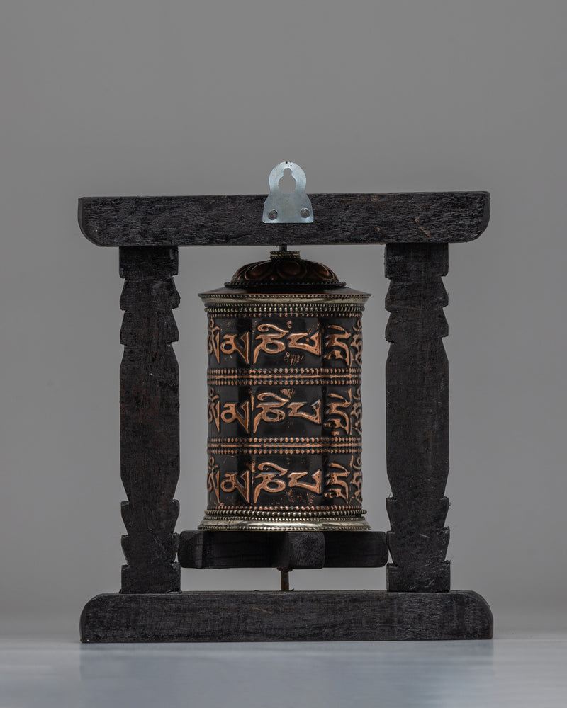 Handcrafted Tabletop Tibetan Prayer Wheel | Copper Body & Wooden Frame