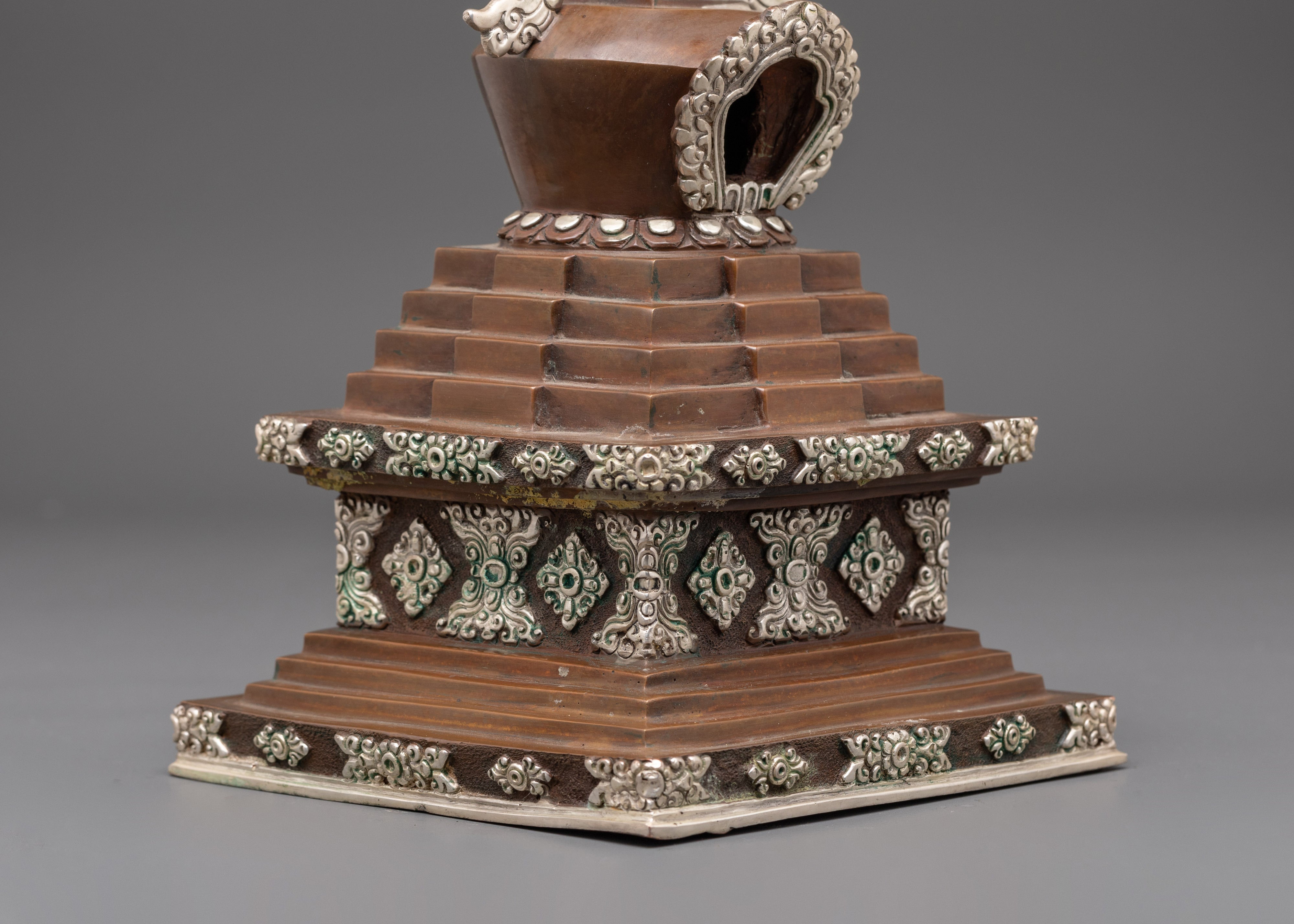 Handcrafted Himalayan Stupa Figurine | Silver Plated Buddhist Altar