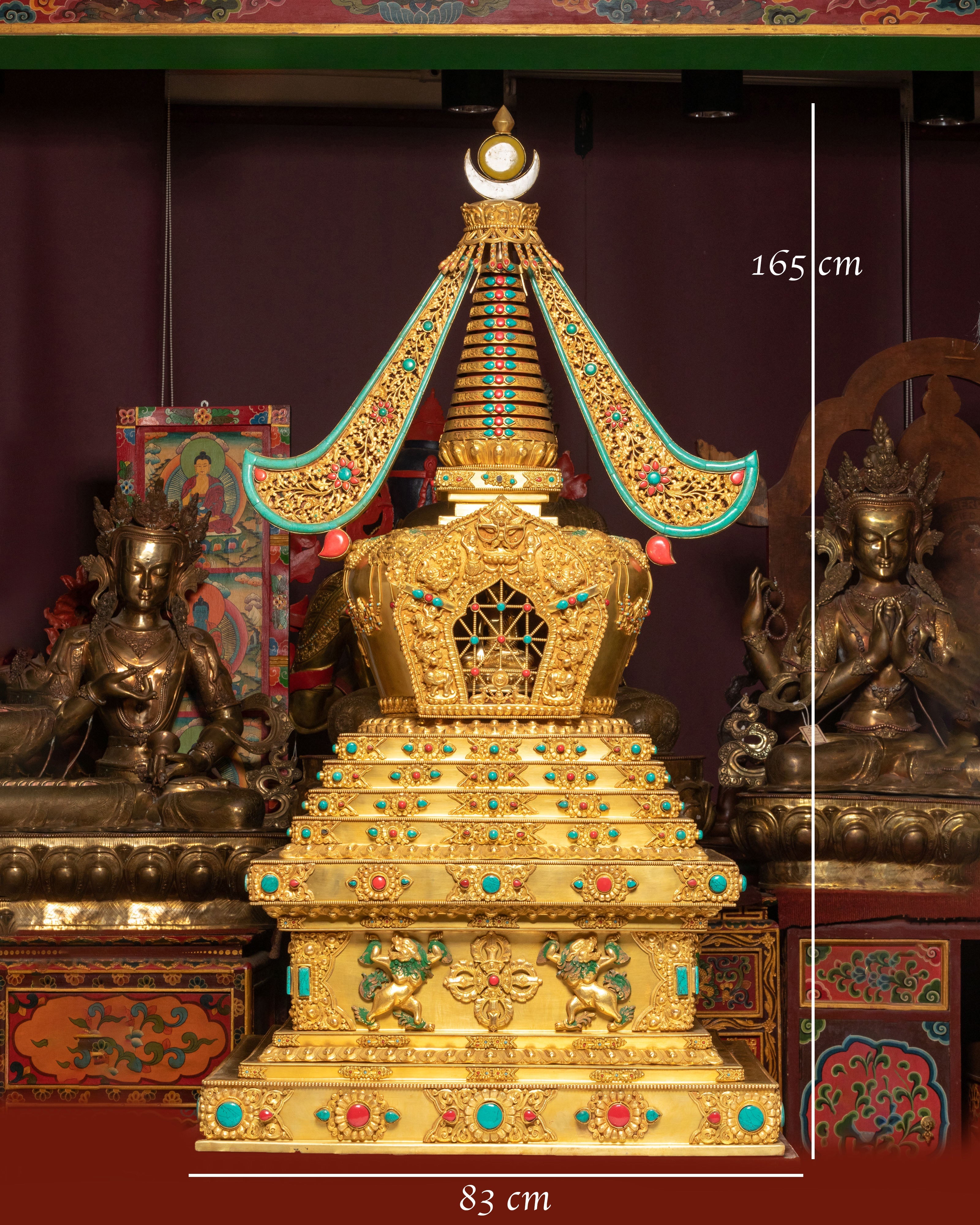 Sacred Buddhist Stupa for Altar | Gold-Plated Tibetan Stupa with Coral & Turquoise