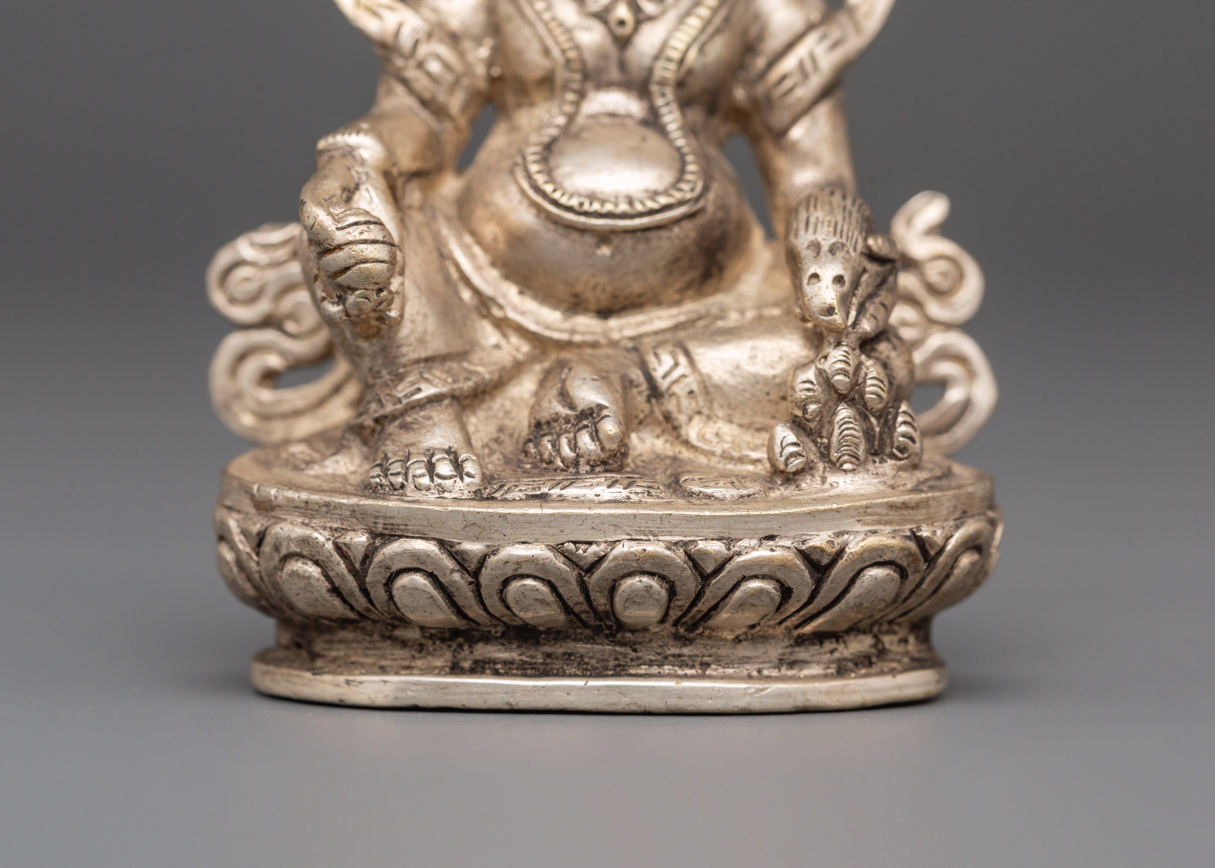 Sacred Statue of Wealth Icon Dzambhala | Silver Plated Copper Buddhist God of Prosperity