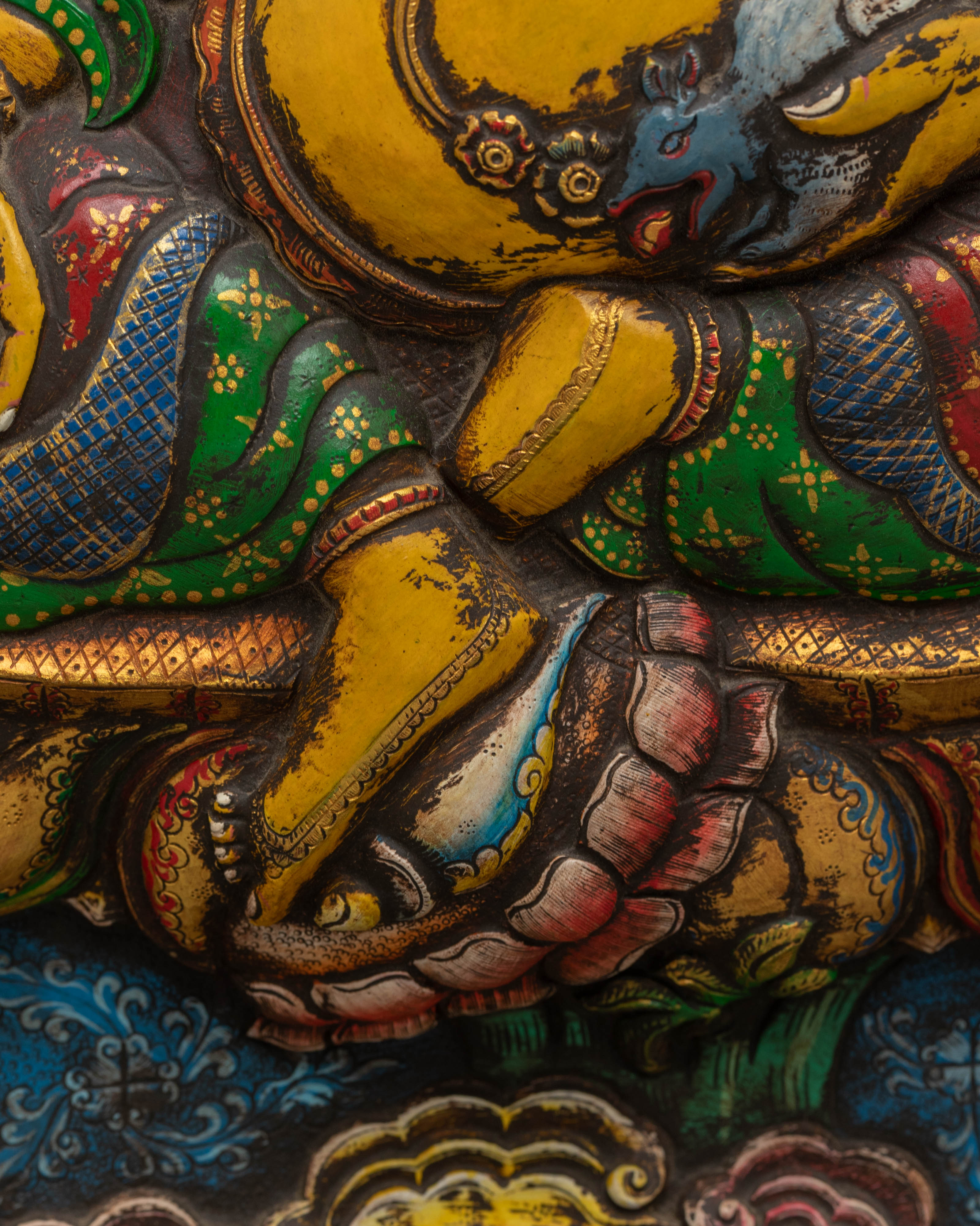 Sacred Yellow Dzambhala Wall Hanging | Tibetan Copper Art for Prosperity