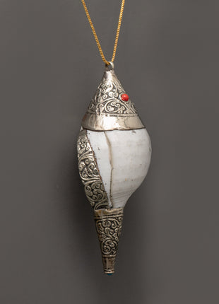 Spiritual Buddhist Conch Locket | Silver Plated Pendant with Coral Stone