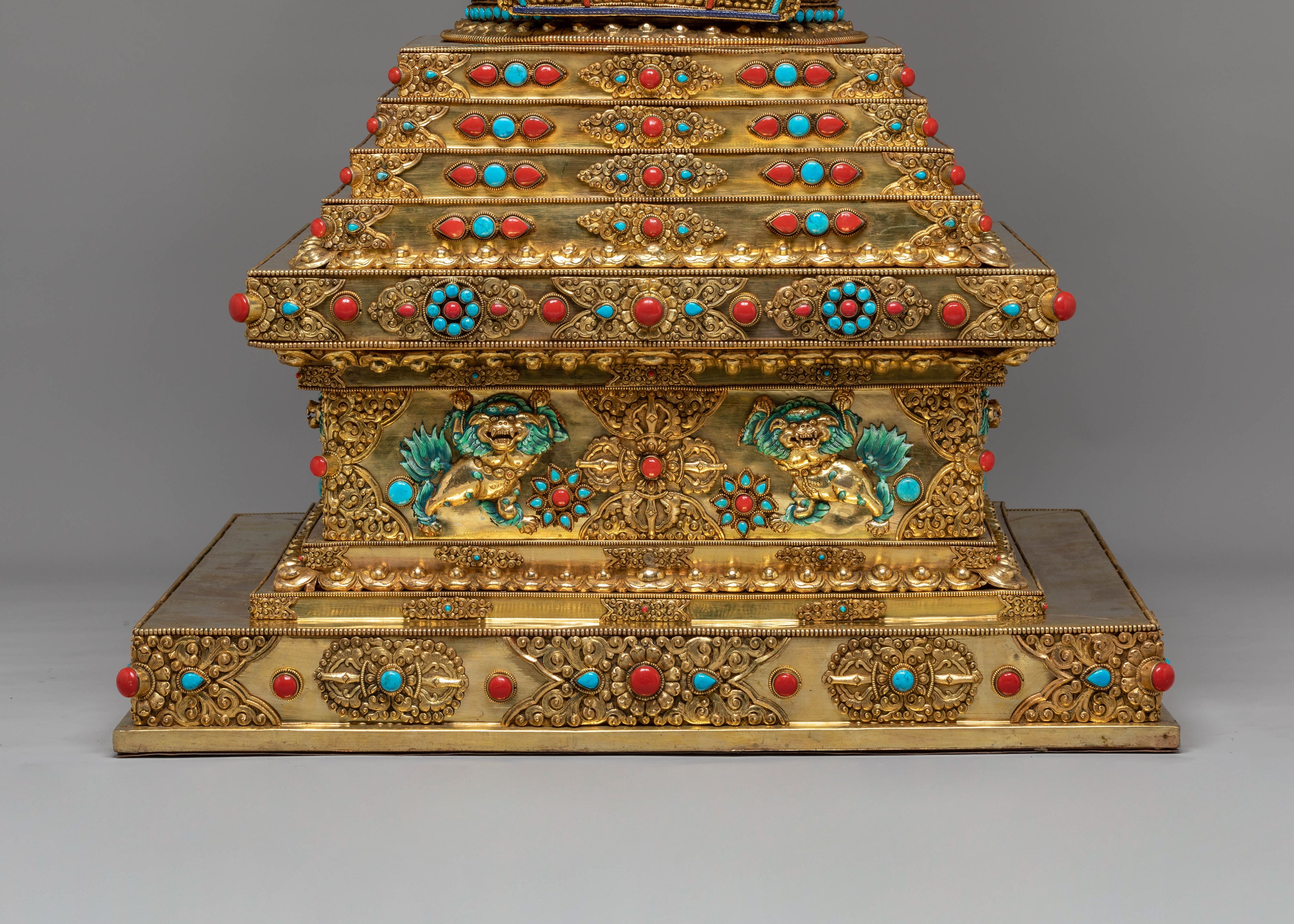 Buddhist Handcrafted Sacred Stupa | Gold-Plated Copper with Coral & Turquoise