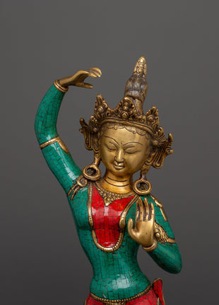 Maya Devi Brass Statue | Brass Sculpture with Turquoise & Coral Inlay
