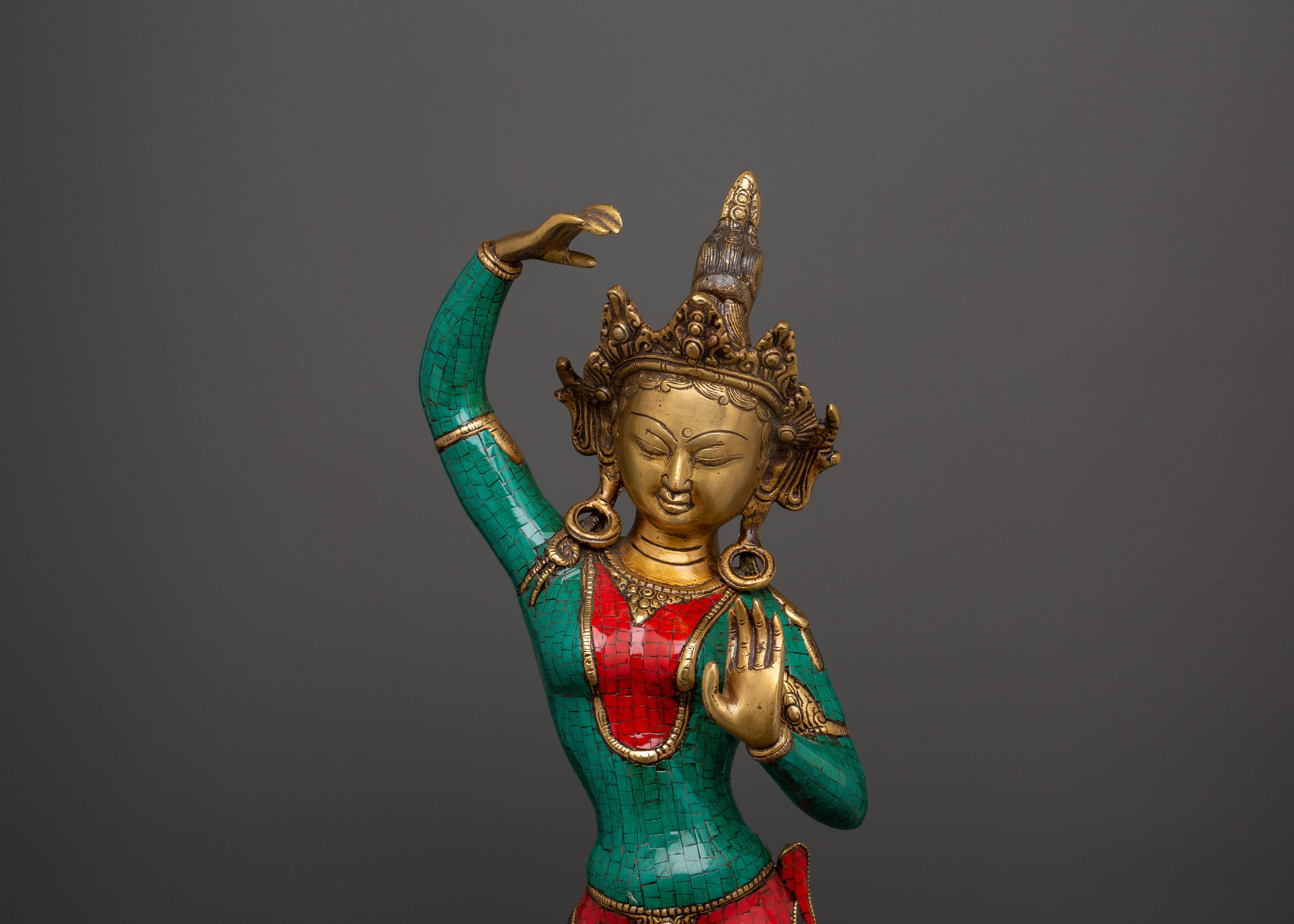 Maya Devi Brass Statue | Brass Sculpture with Turquoise & Coral Inlay