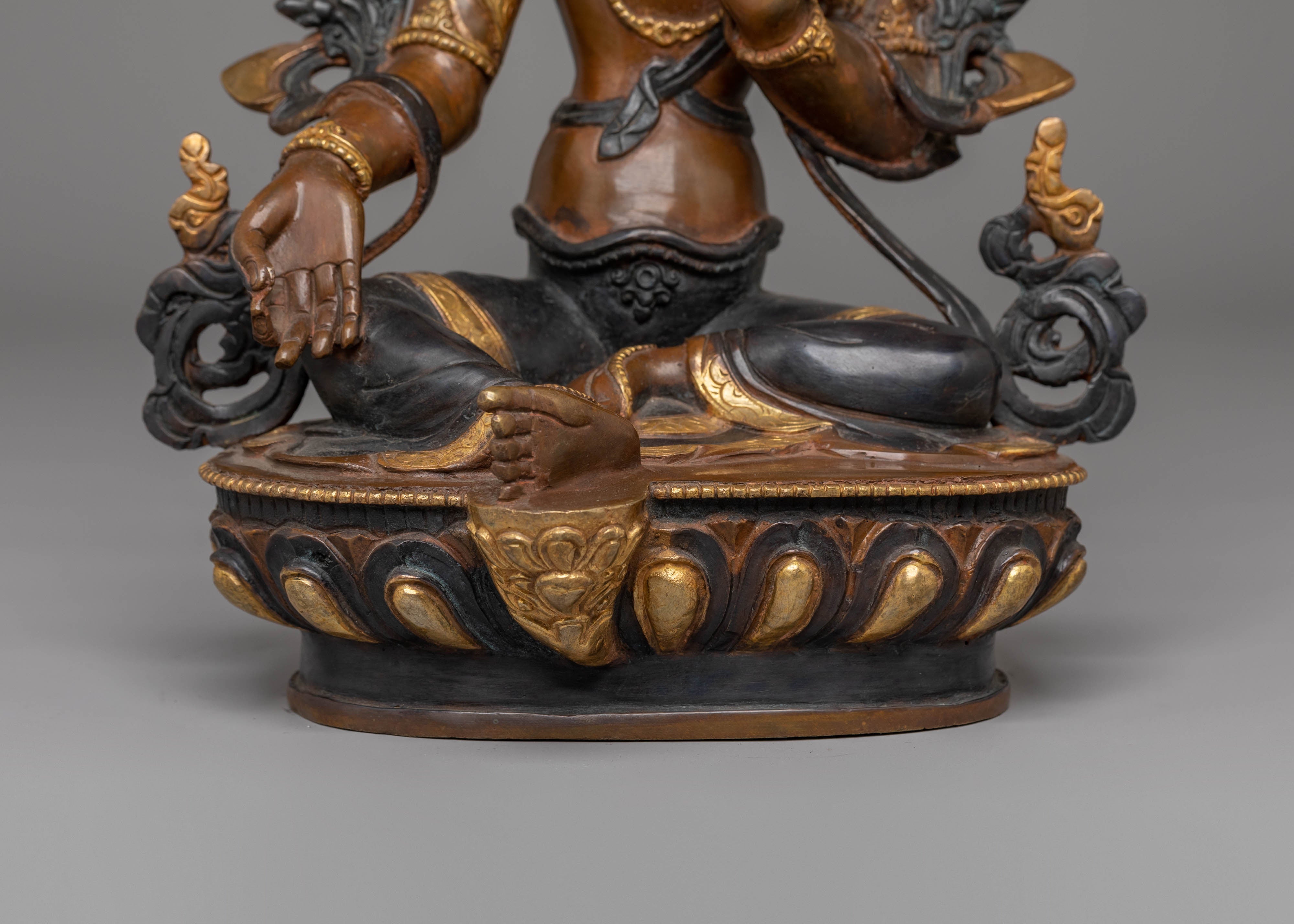 Green Tara Copper Handmade Statue | 24K Gold Plated Tibetan Goddess Art