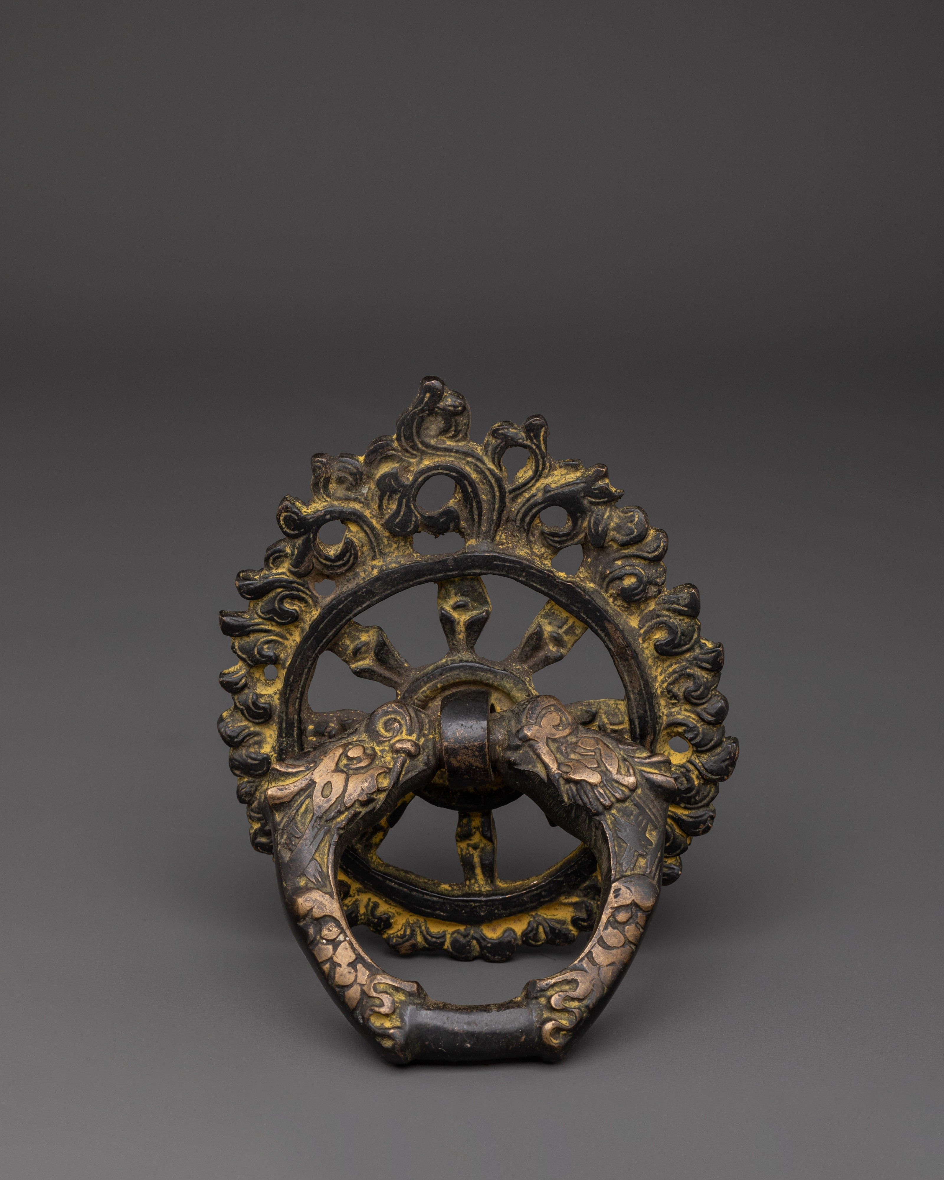 Tibetan Guardian Head Door Handle | Brass Ring Pull with Sacred Motifs