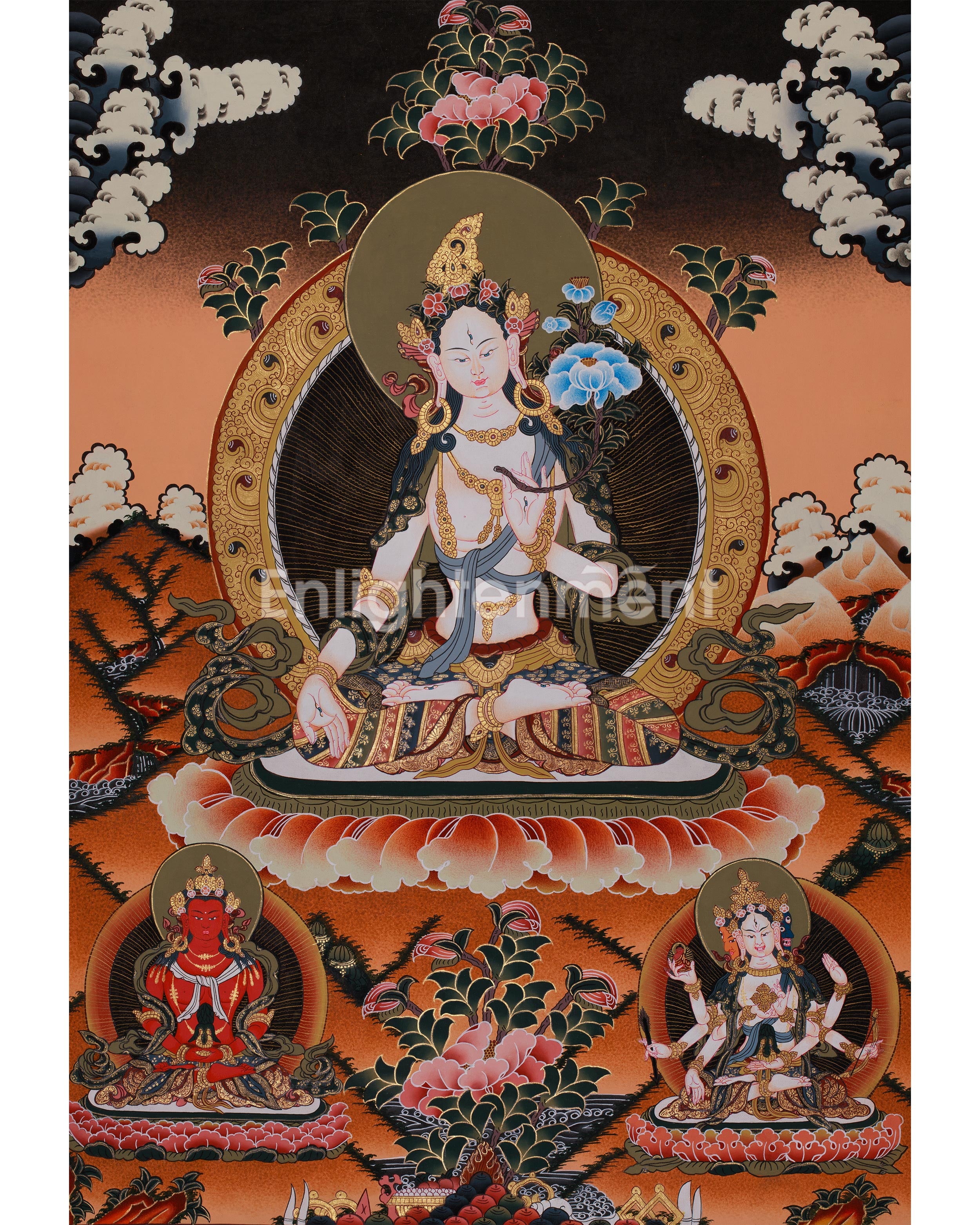 White Tara with Amitayus Buddha and Namgyalma | Three Longevity Deities