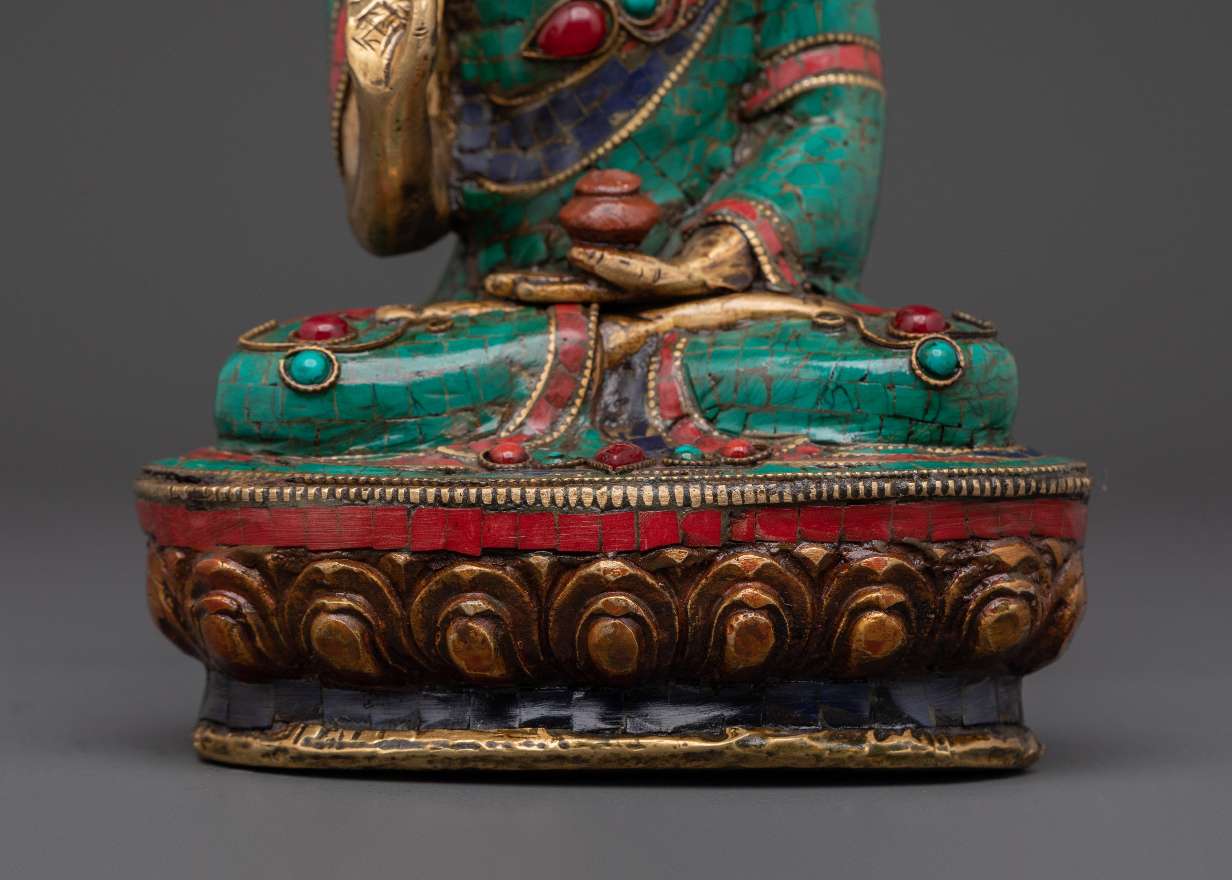 Handmade Amoghasiddhi Buddha Sculpture | Brass, Coral & Turquoise Inlay