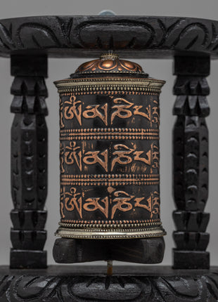 Handcrafted Tabletop Tibetan Prayer Wheel | Copper Body & Wooden Frame