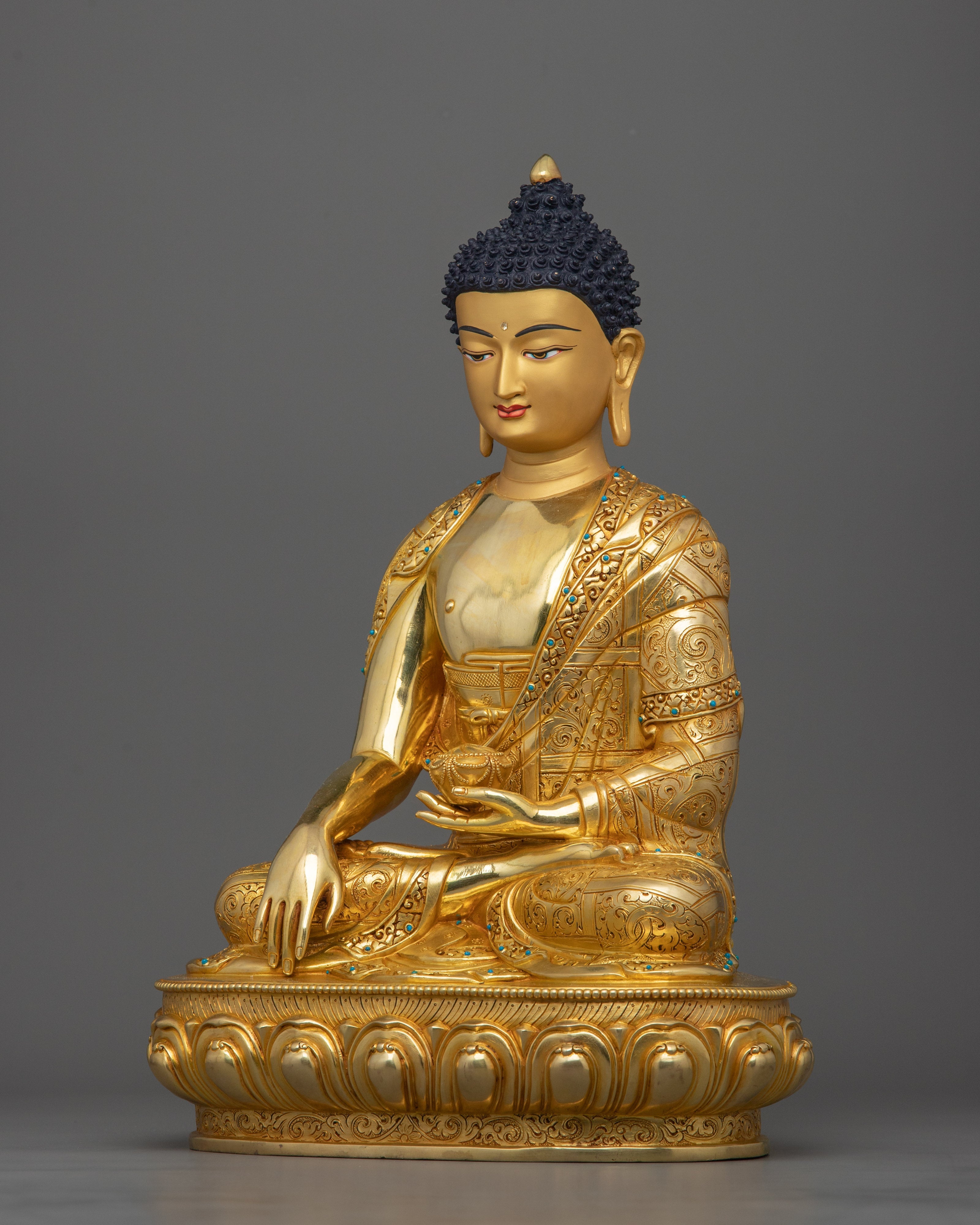 Hand Carved Buddhist Shakyamuni Buddha Figurine | 24K Gold Gilded Statue