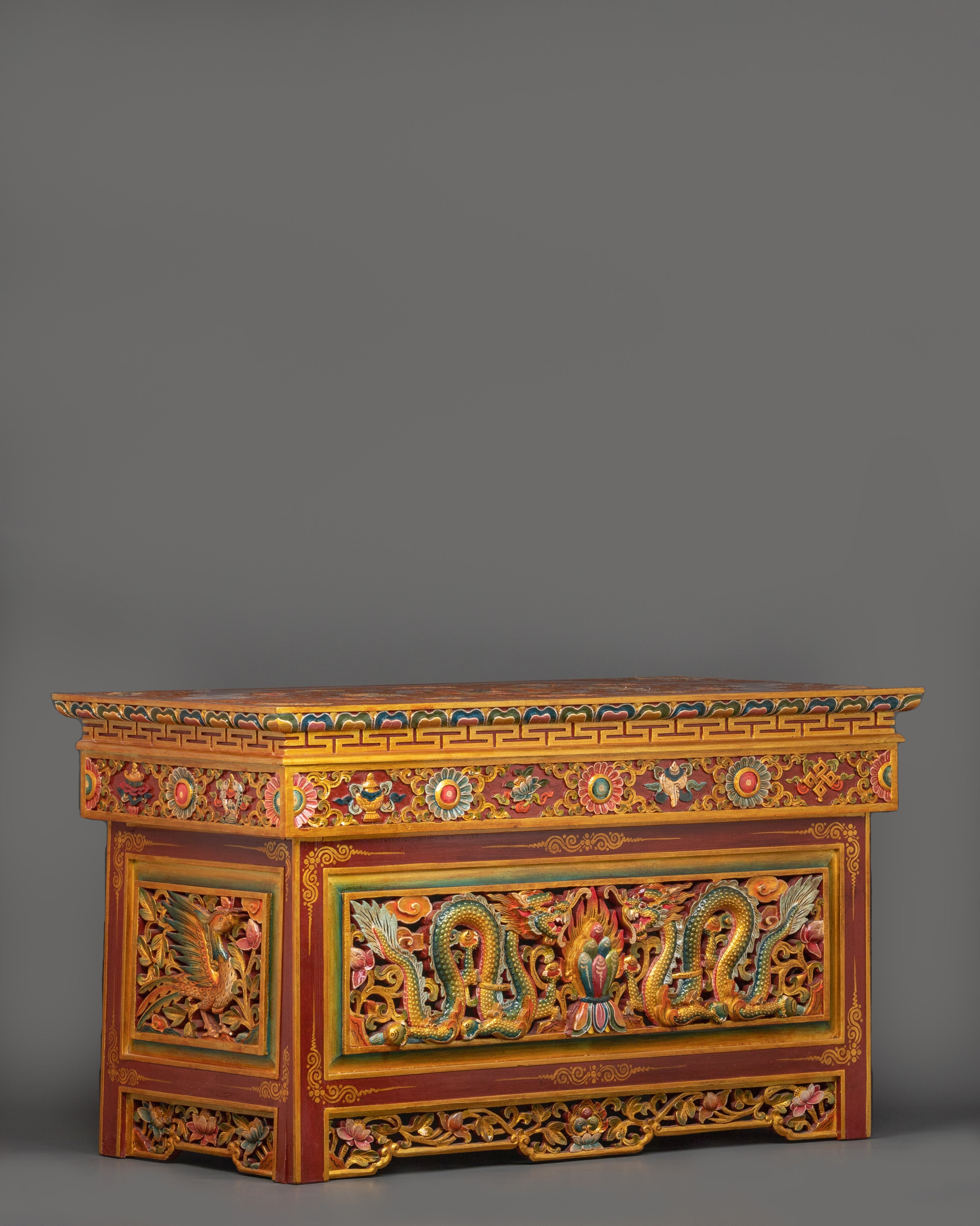Folding Table with Dragon Carving and Offering | Tibetan Decor