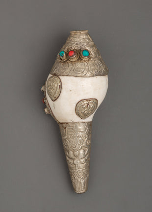 Conch Symbol of Sound and Spirituality | Silver Plated with Turquoise & Coral Inlays