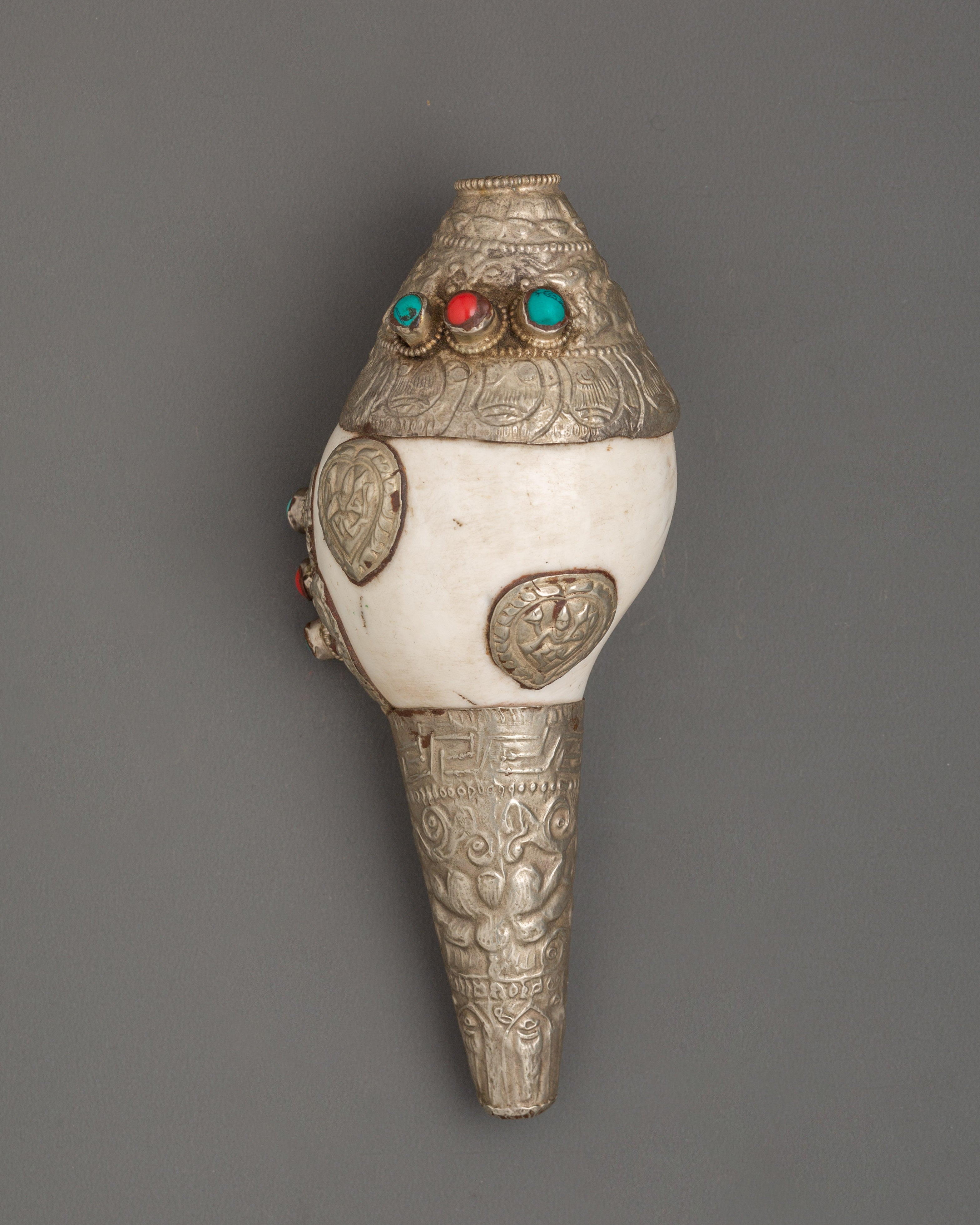 Conch Symbol of Sound and Spirituality | Silver Plated with Turquoise & Coral Inlays
