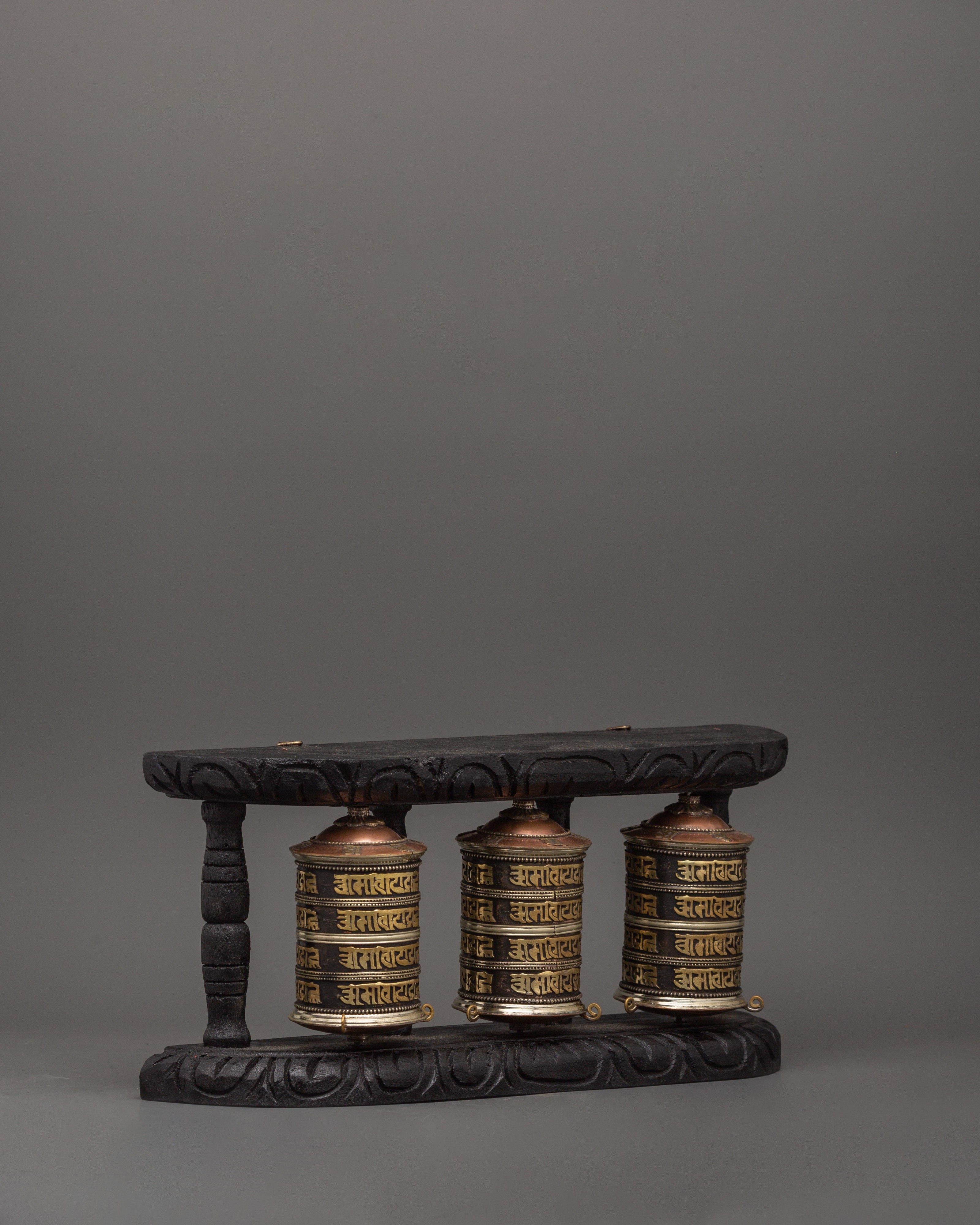 Triple Tibetan Prayer Wheel Set | Buddhist Meditation Decor Piece