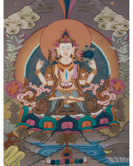 Four Armed Compassionate Chenrezig Thangka | Hand-Painted Compassion Deity Art